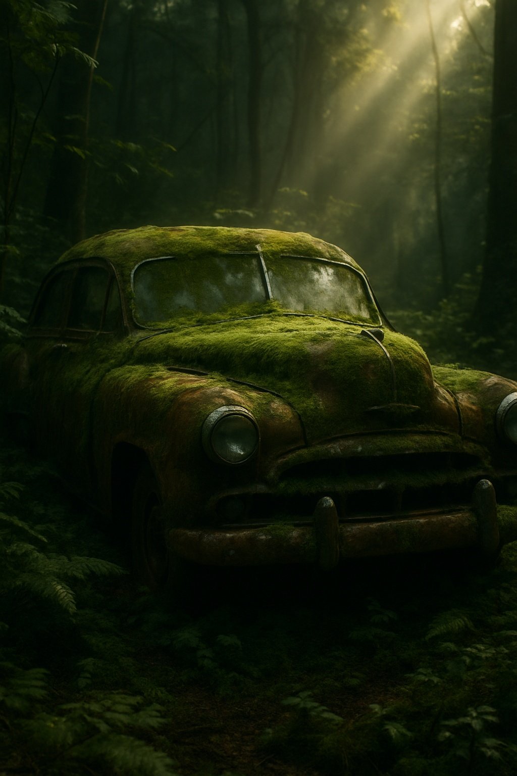 Moss Covered Abandoned Car Forest Mobile Wallpaper