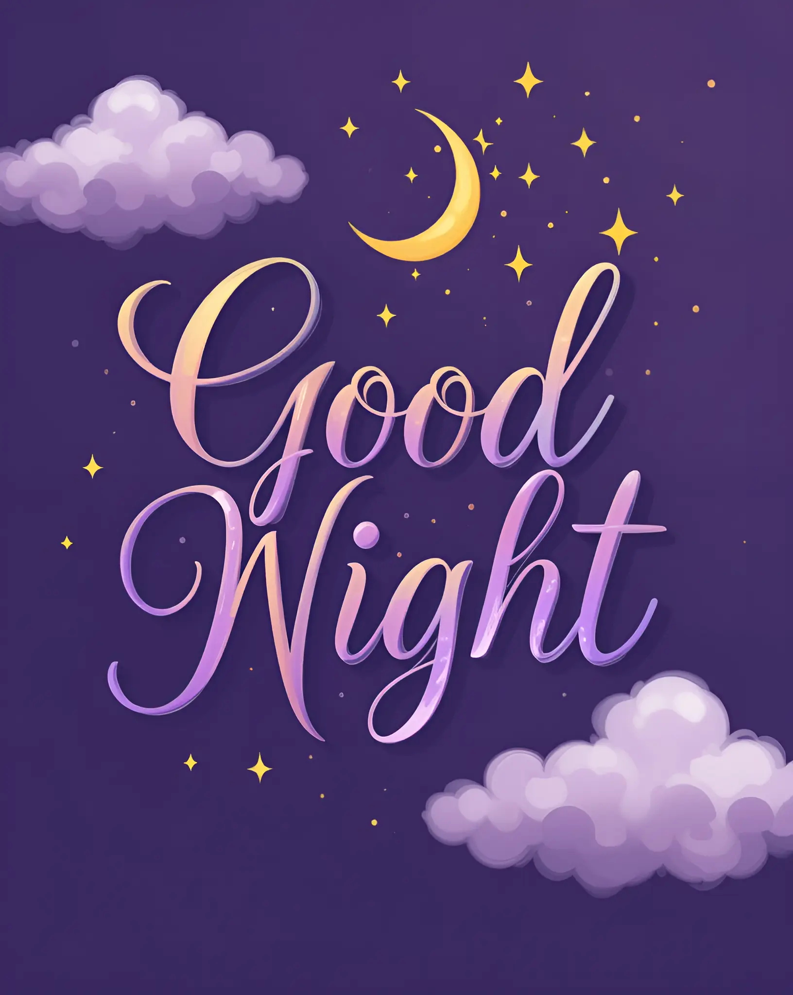 Elegant Good Night Illustration with Stars, Moon, and Clouds on Purple Background