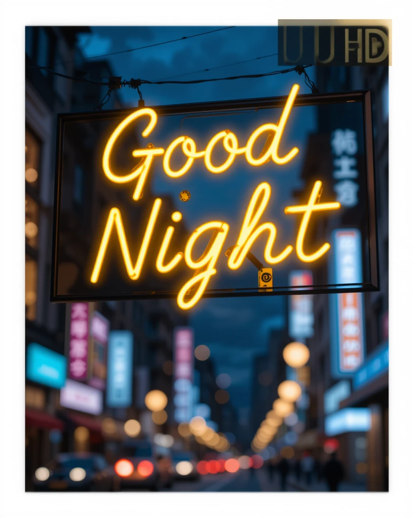 Neon Good Night Sign in Urban Evening Street Scene