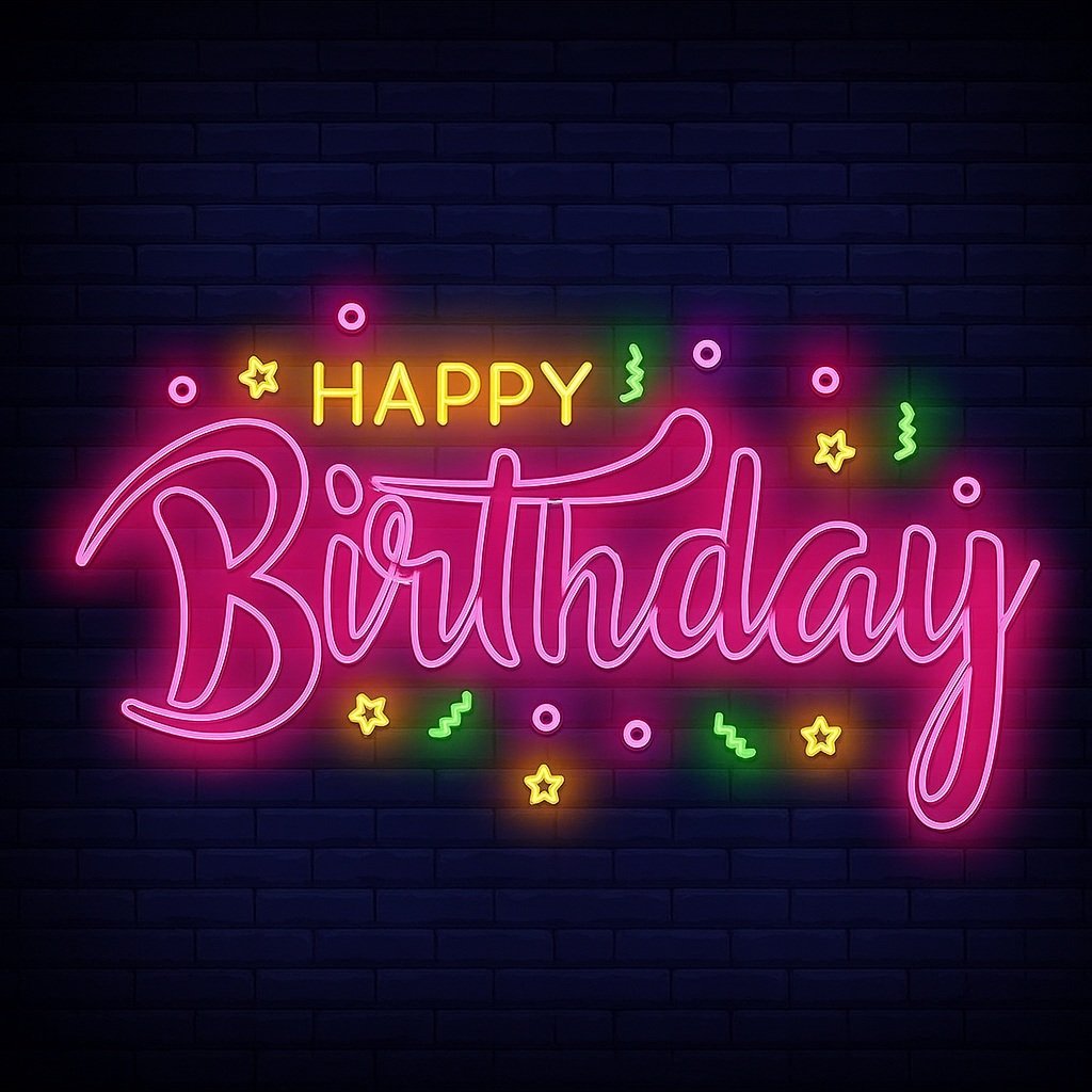 Neon Happy Birthday Text With Decorative Elements on a Transparent Background