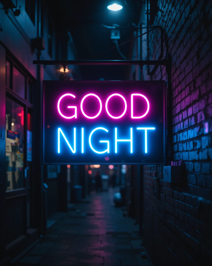 Neon Sign Saying 'Good Night' in Vibrant Colors in an Urban Alley
