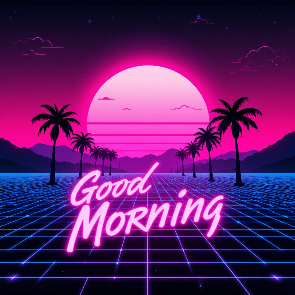Neon Sunrise Over Grid and Palm Trees in Retro Style