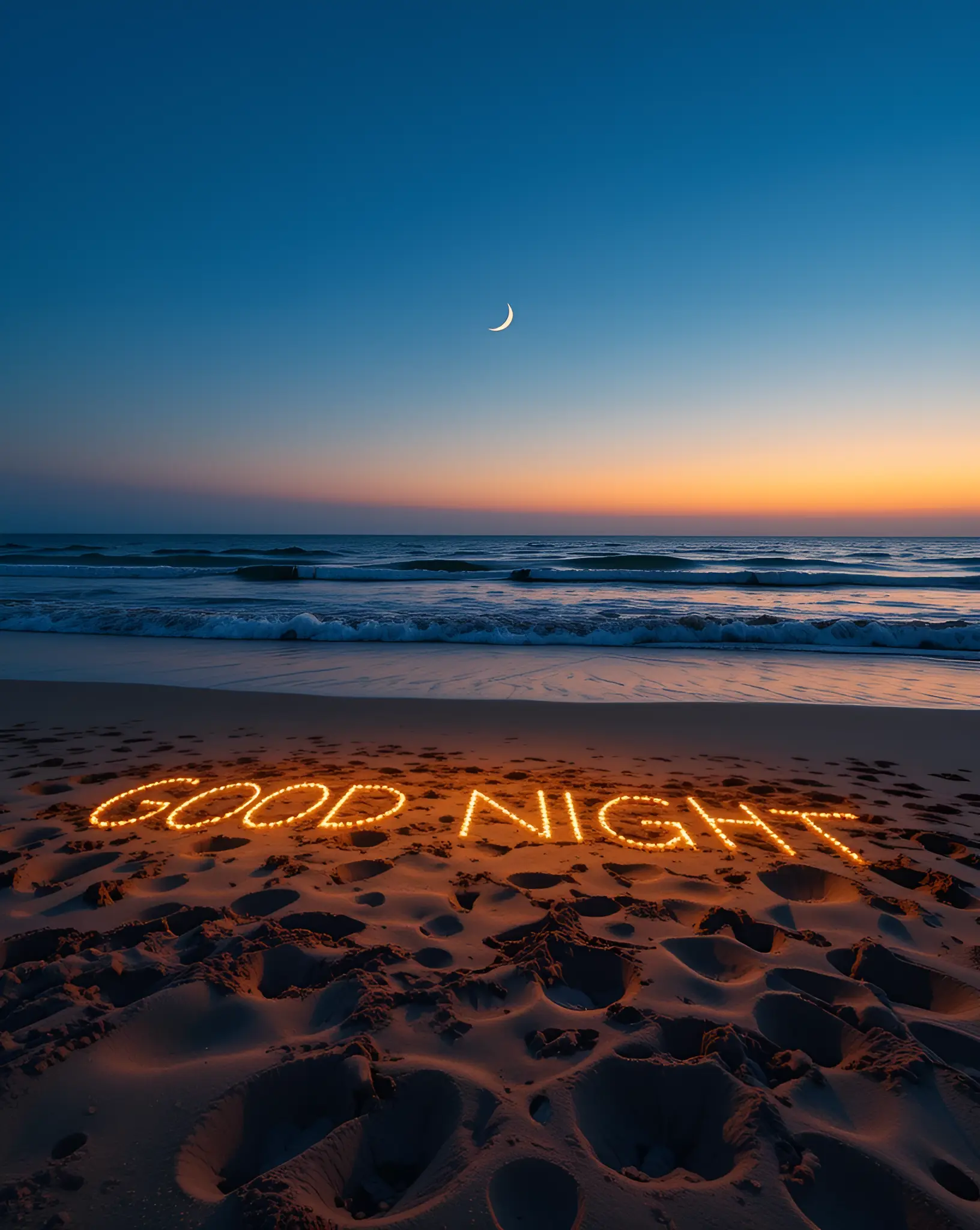 Beautiful Beach at Sunset with Illuminated 'Good Night' Message in Sand