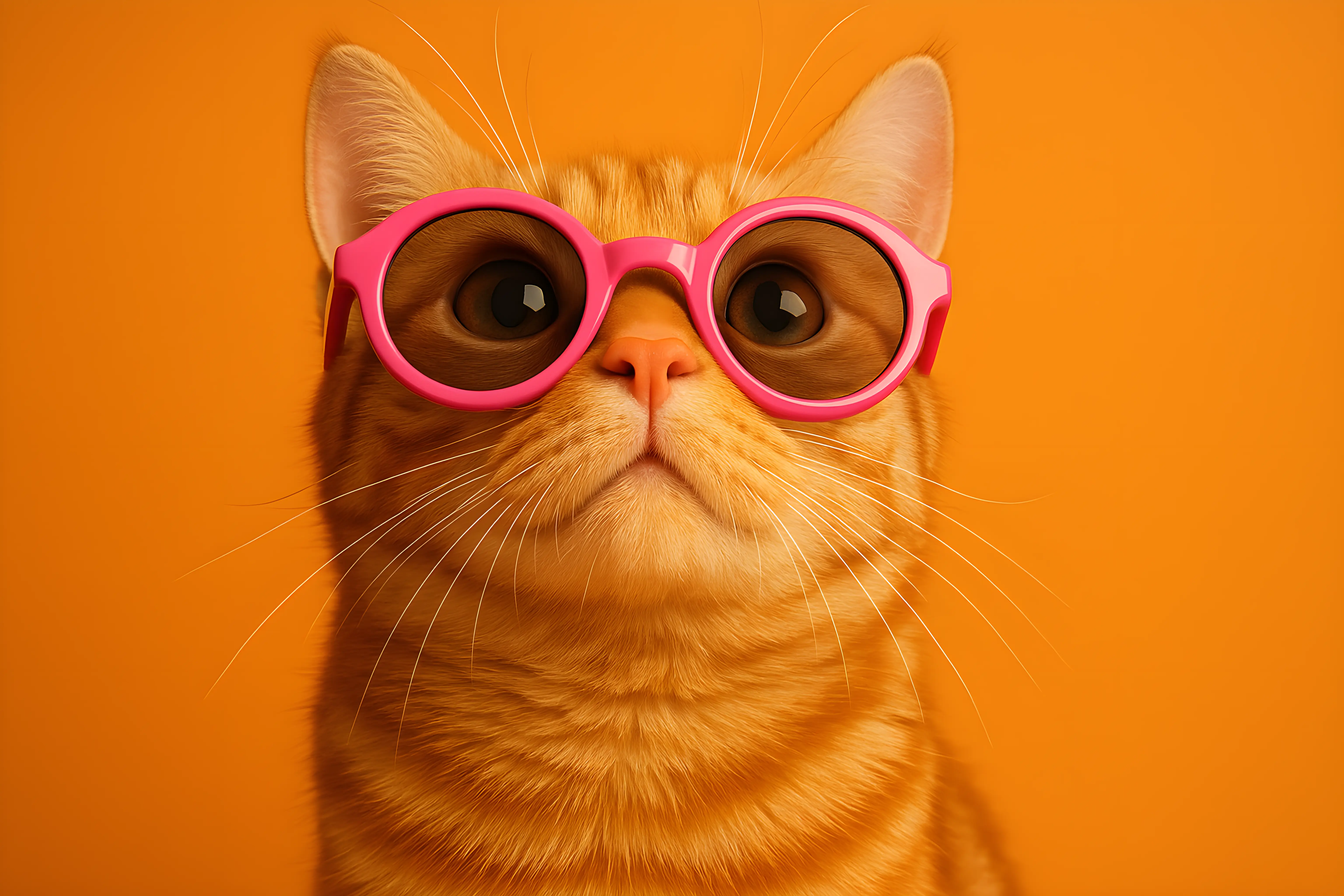 Orange Cat Wearing Pink Glasses Posing Against an Orange Background