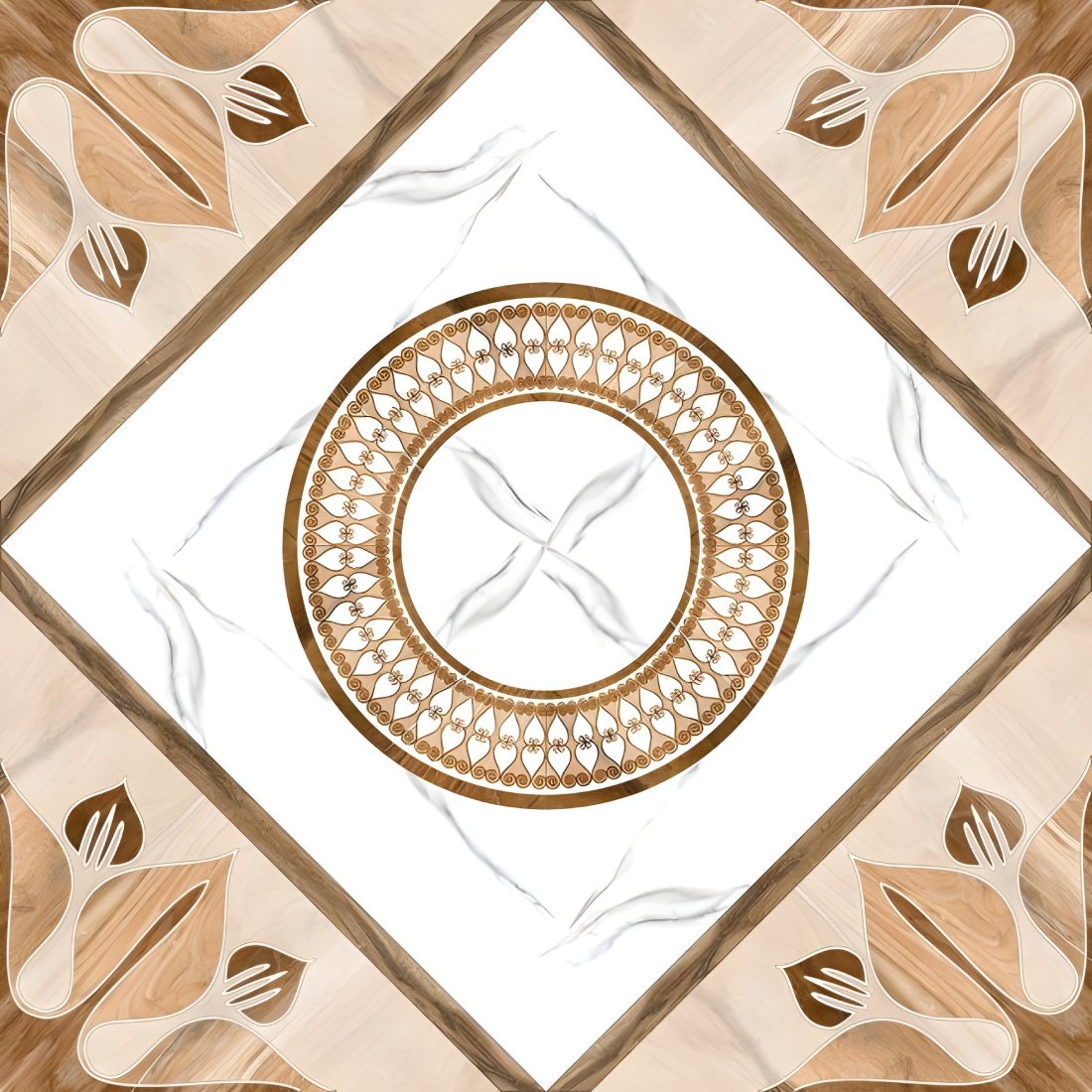 Ornate Circular Medallion Marble Wood Tile