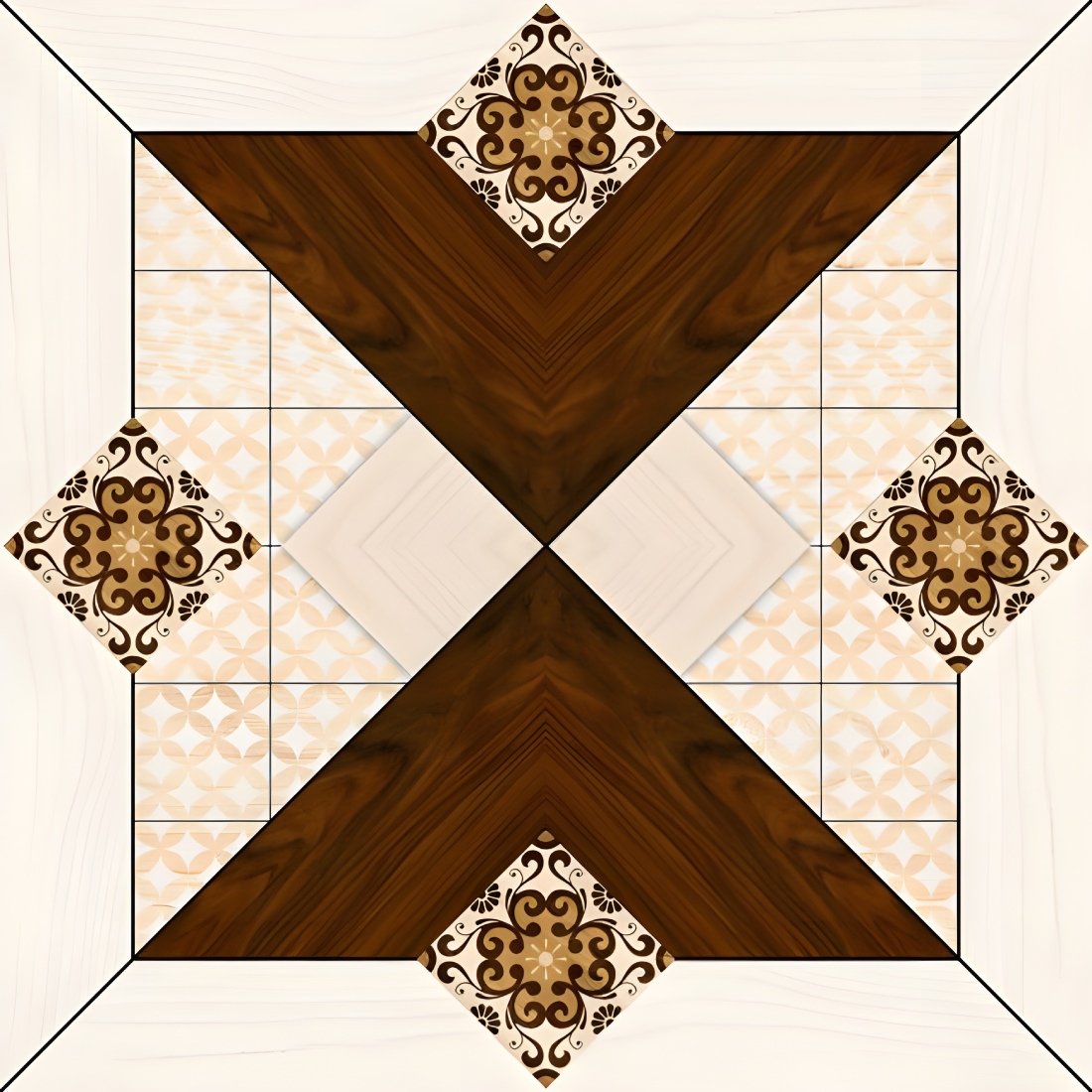 Ornate Floral Mosaic Wood Geometric Tile