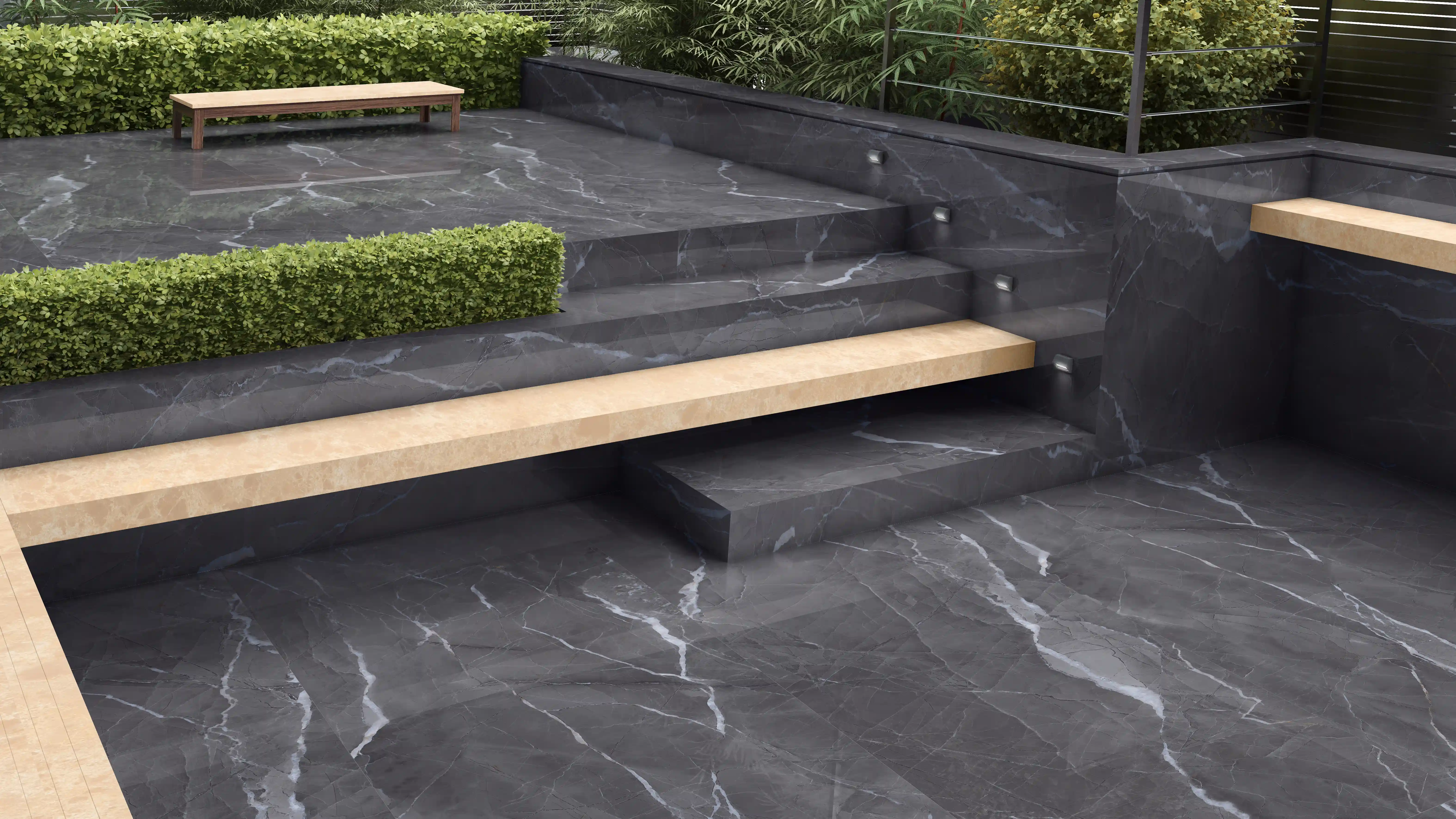 Outdoor Modern Patio Area Featuring Marble Flooring and Minimalist Design
