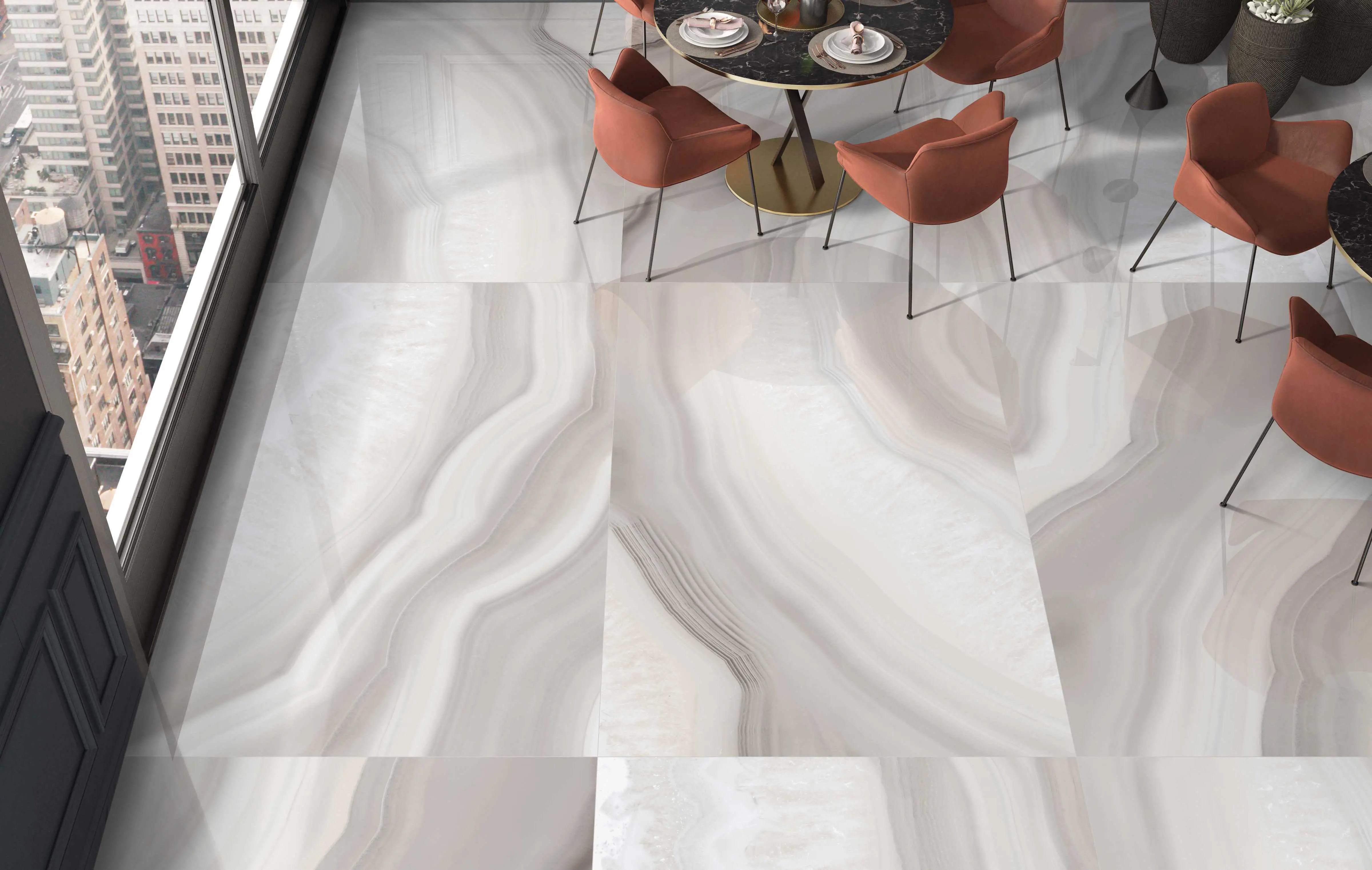 Pale Swirl Marble-Effect Vitrified Tiles in a Restaurant