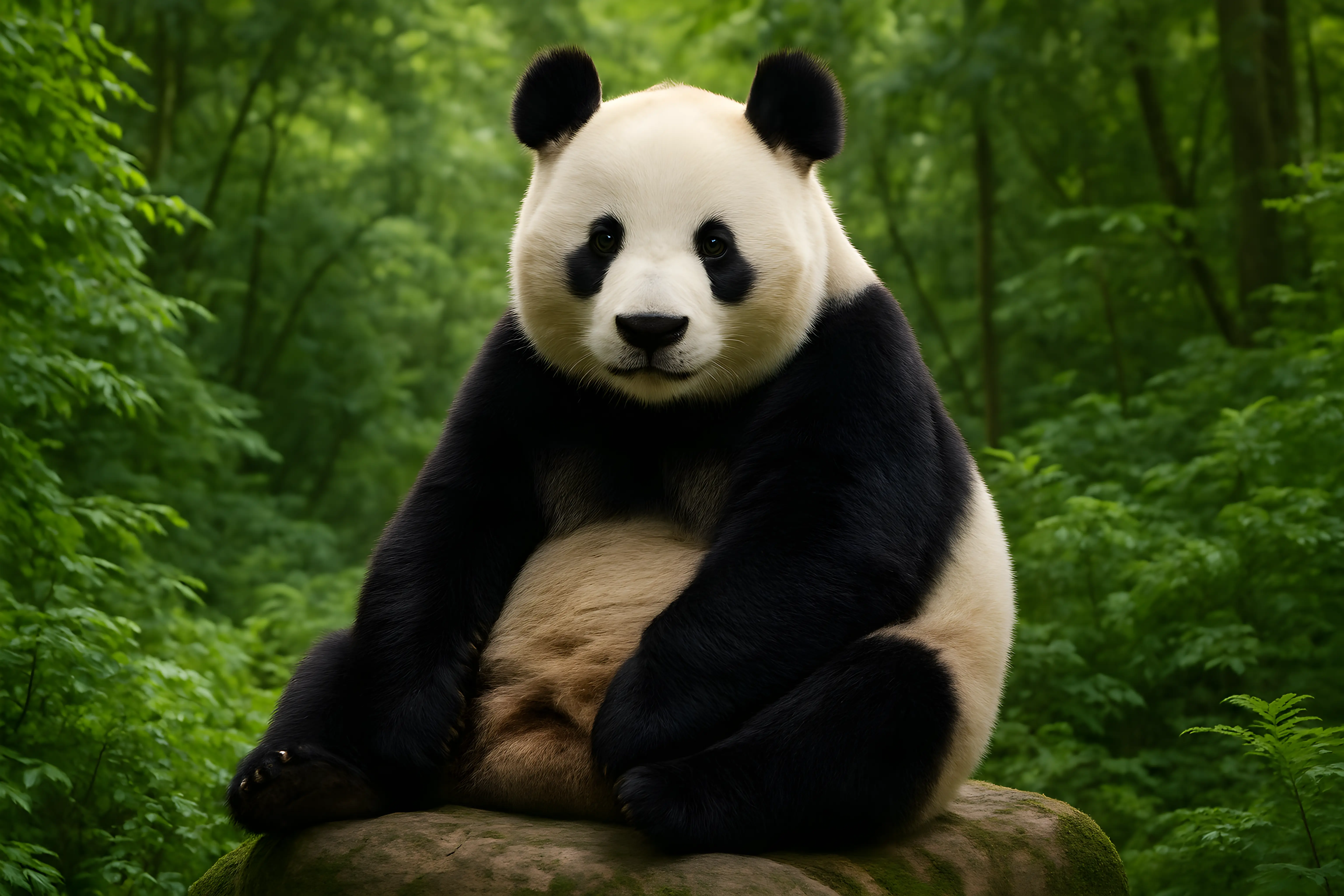 Panda Sitting on Rock in Green Lush Forest Environment