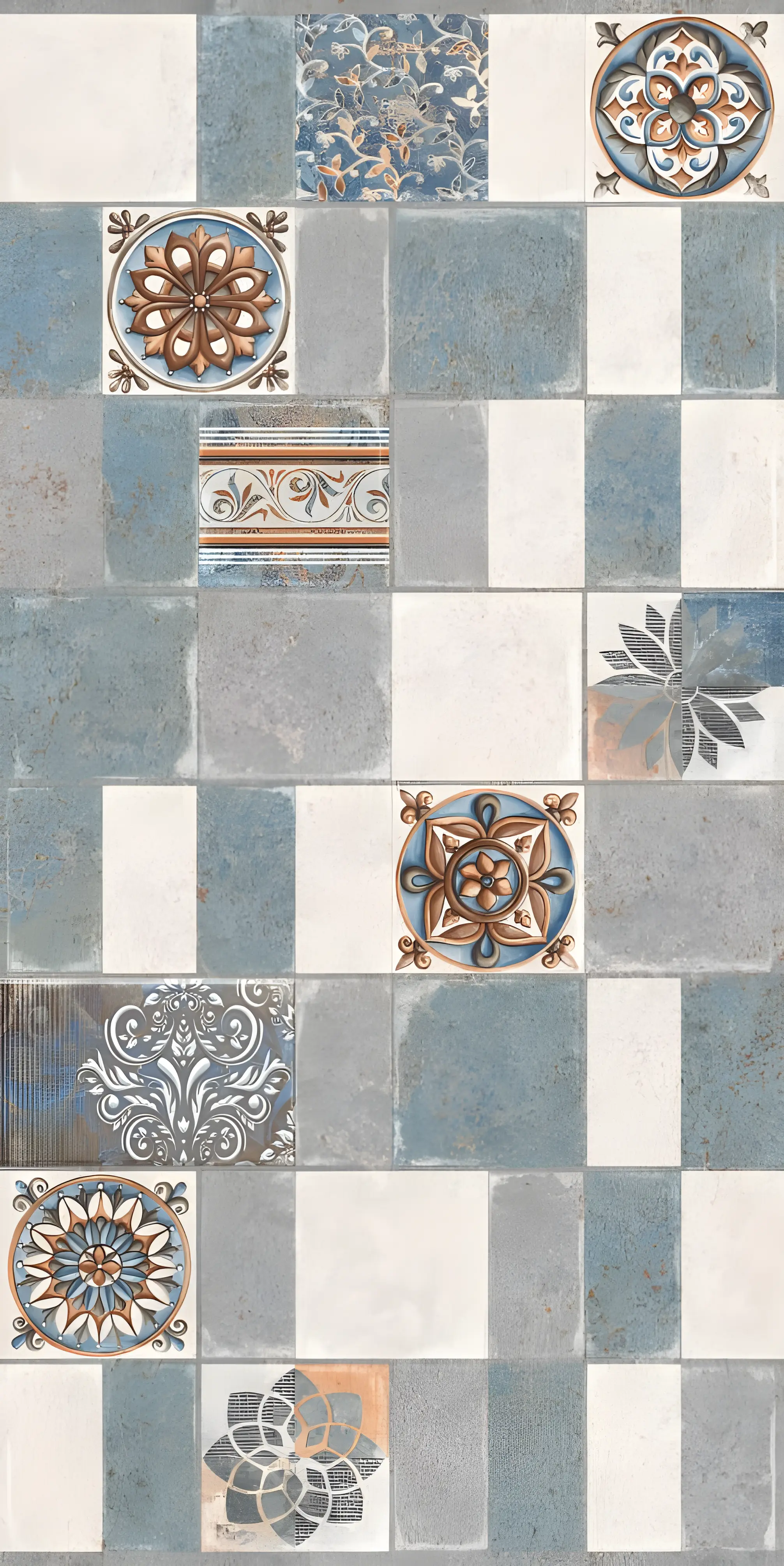 Patterned Ceramic Tiles With Blue and White Ornamental Designs