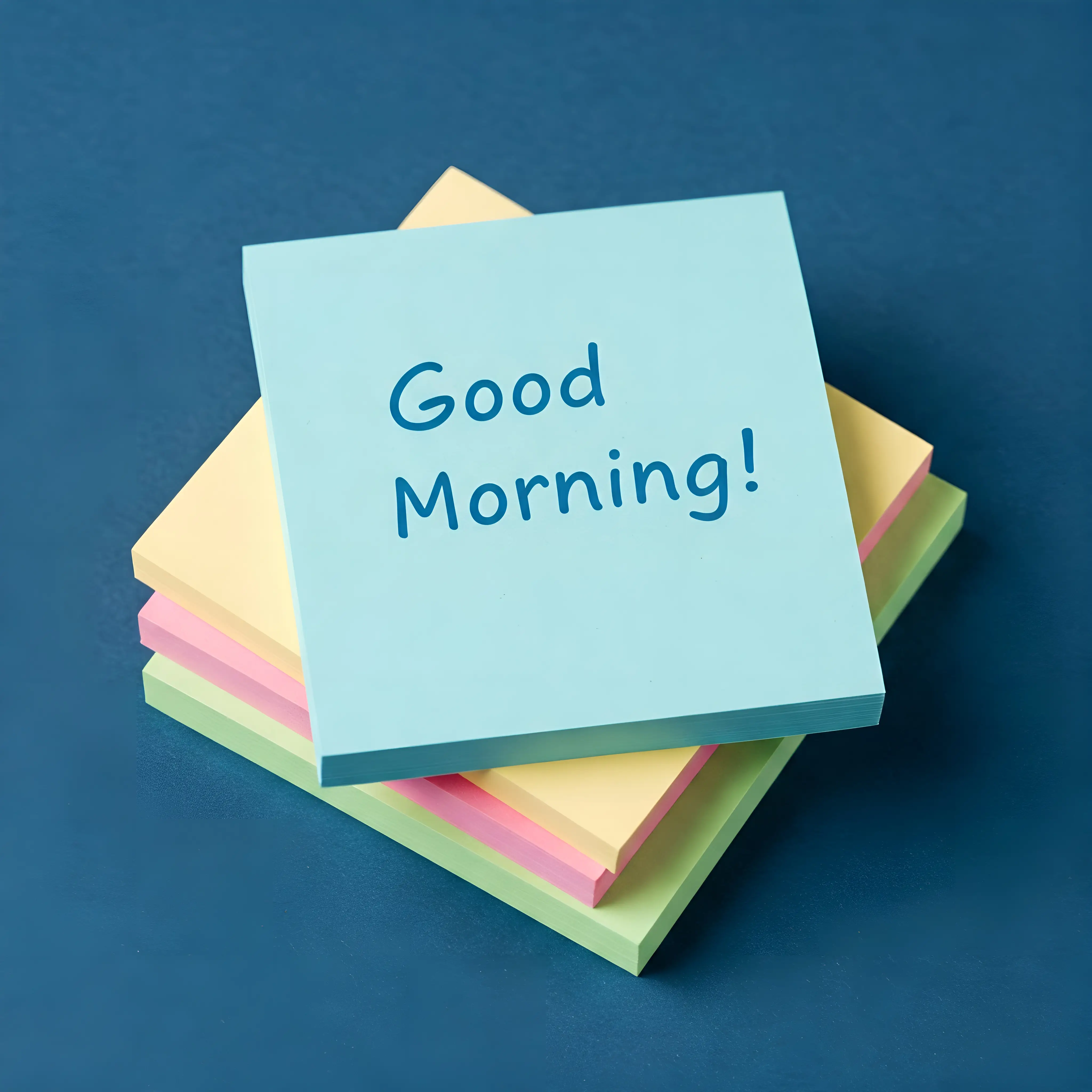 Stack of Colorful Sticky Notes with Good Morning Message on Blue Background