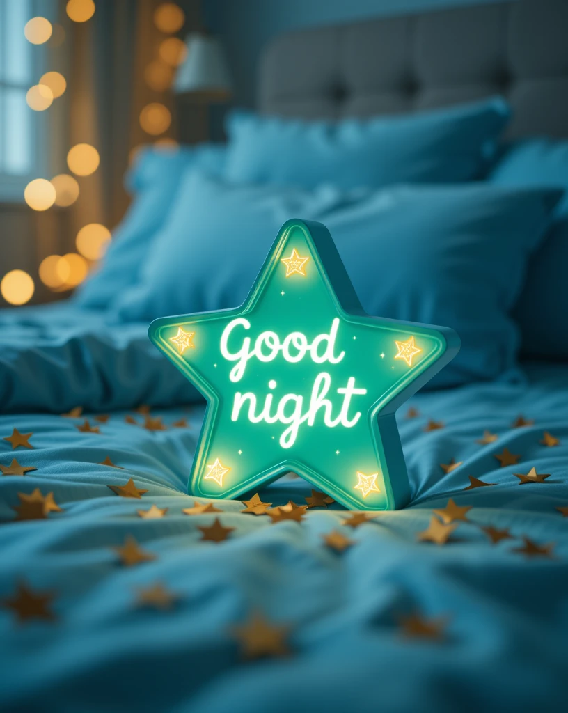 Peaceful Bedroom Setting with Glowing Star-Shaped Night Light Decoration