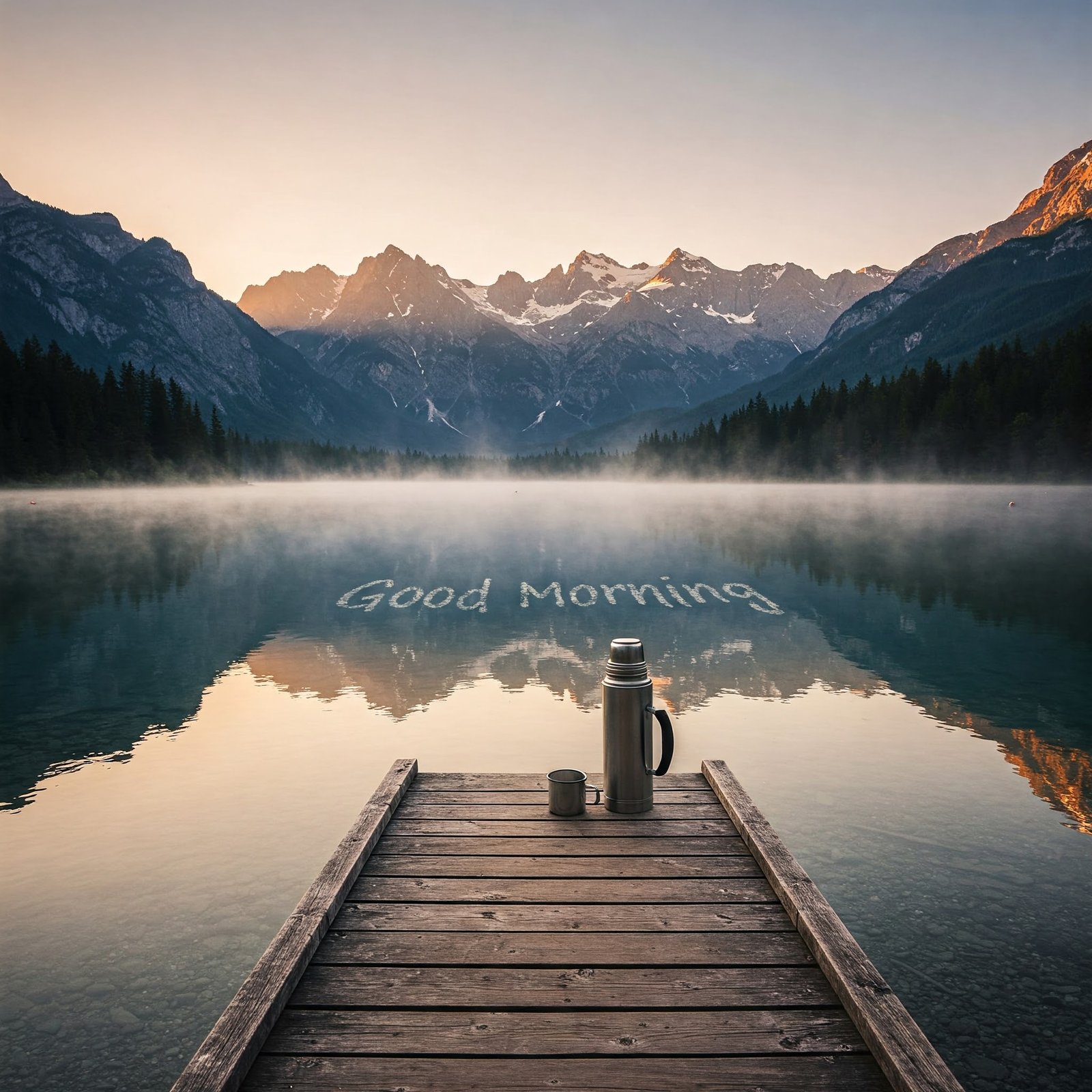 Peaceful Morning Dock with Mountains and Misty Lake View