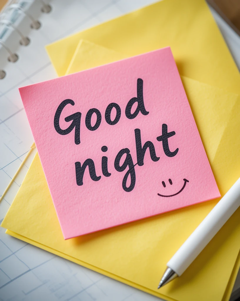 Pink Note Saying Good Night with Smiley Face on Desk Background