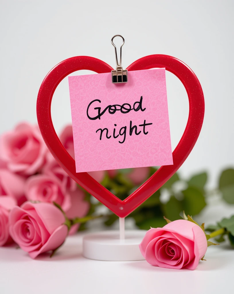 Pink Roses and Heart with 'Good Night' Note on Pink Background