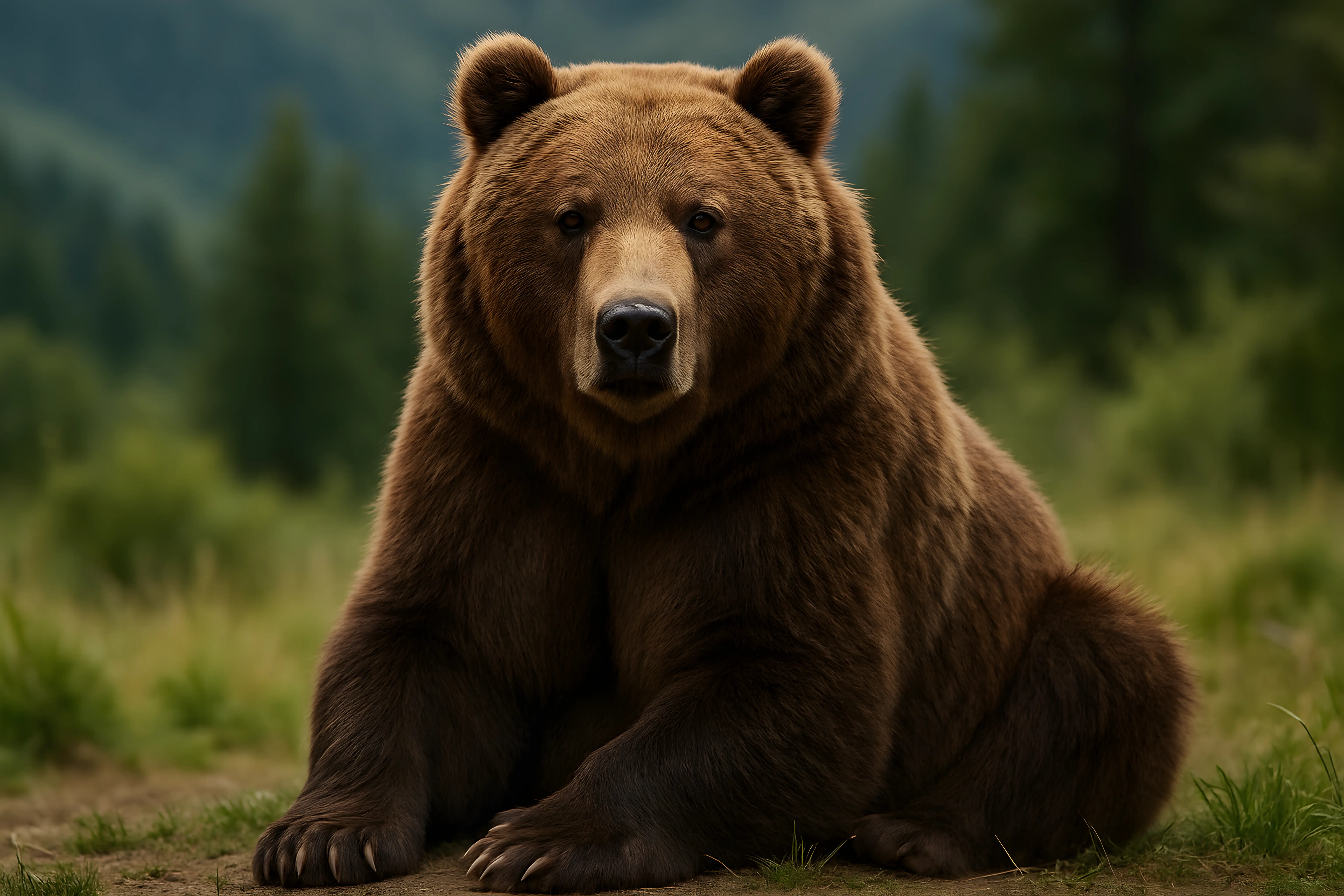 Powerful Brown Bear in Nature Surrounded by a Serene Forest Landscape