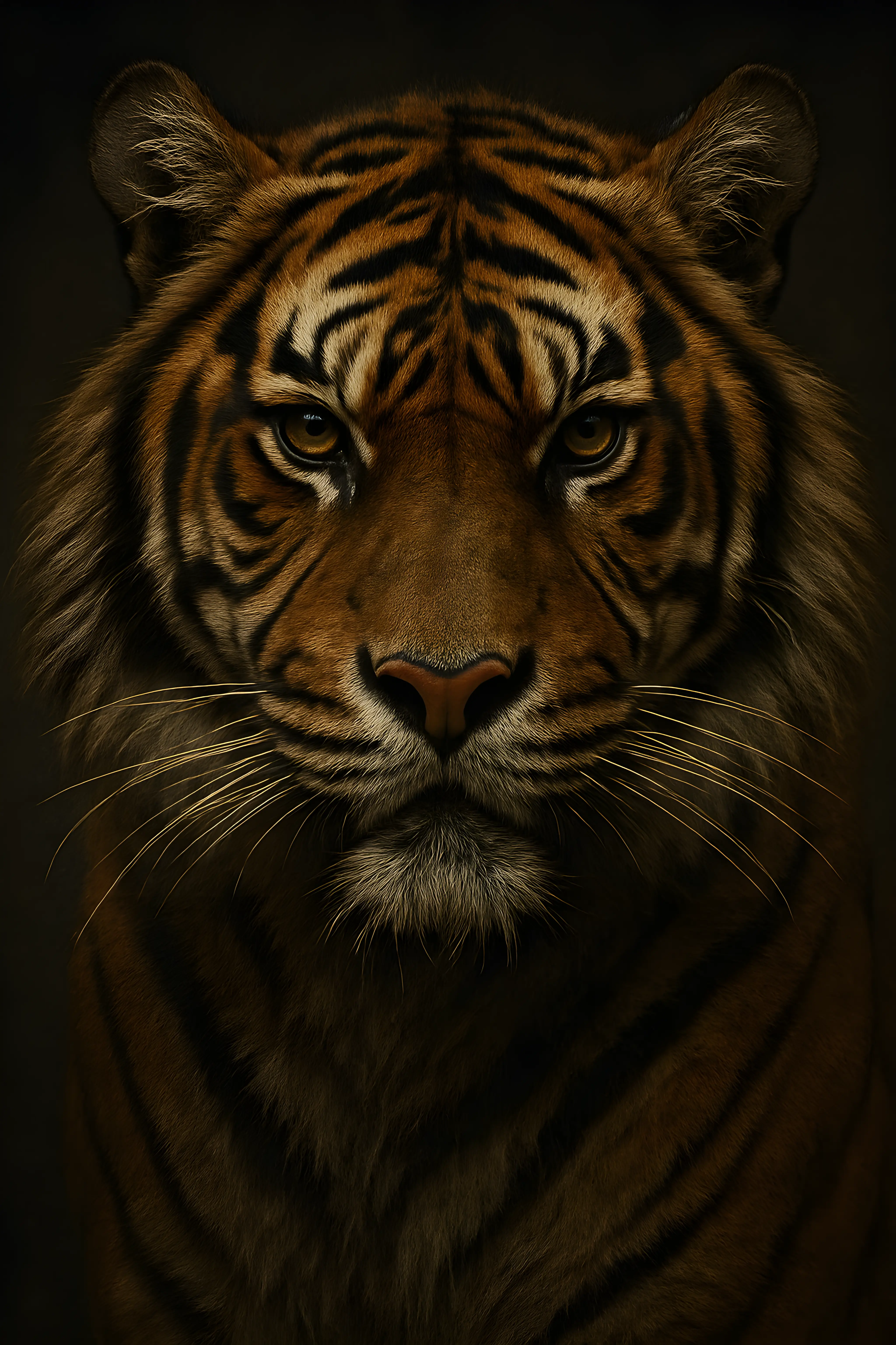 Powerful Close-Up Portrait of a Majestic Tiger Staring Intently in Darkness