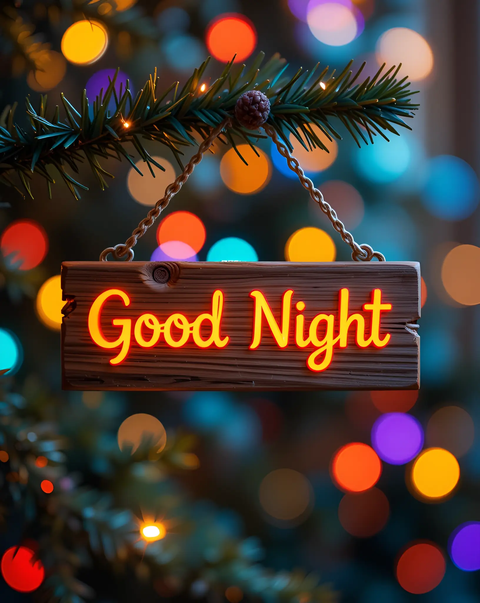 Illuminated Good Night Sign Hanging on a Christmas Tree Branch