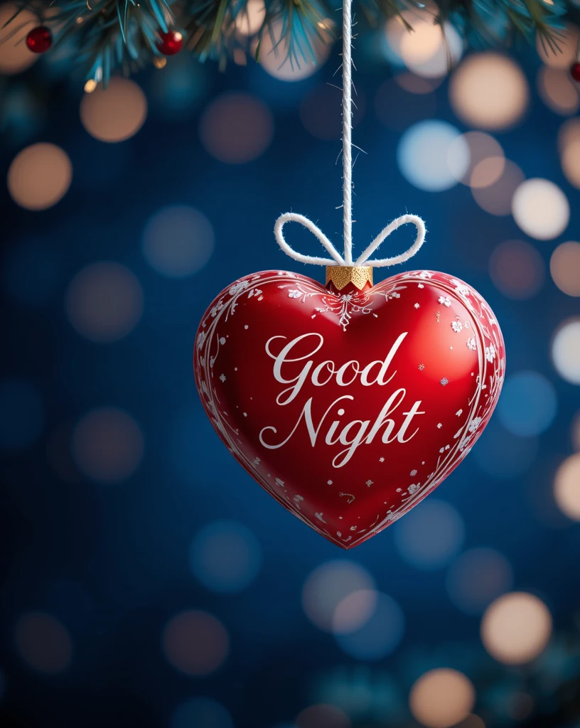 Red Heart Ornament with 'Good Night' Text on Blue Bokeh Background