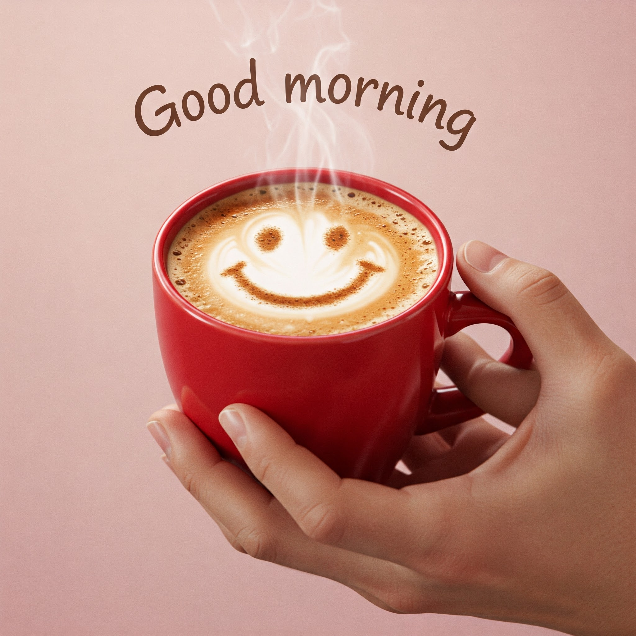 Red Mug with Smiley Coffee Art and Good Morning Text