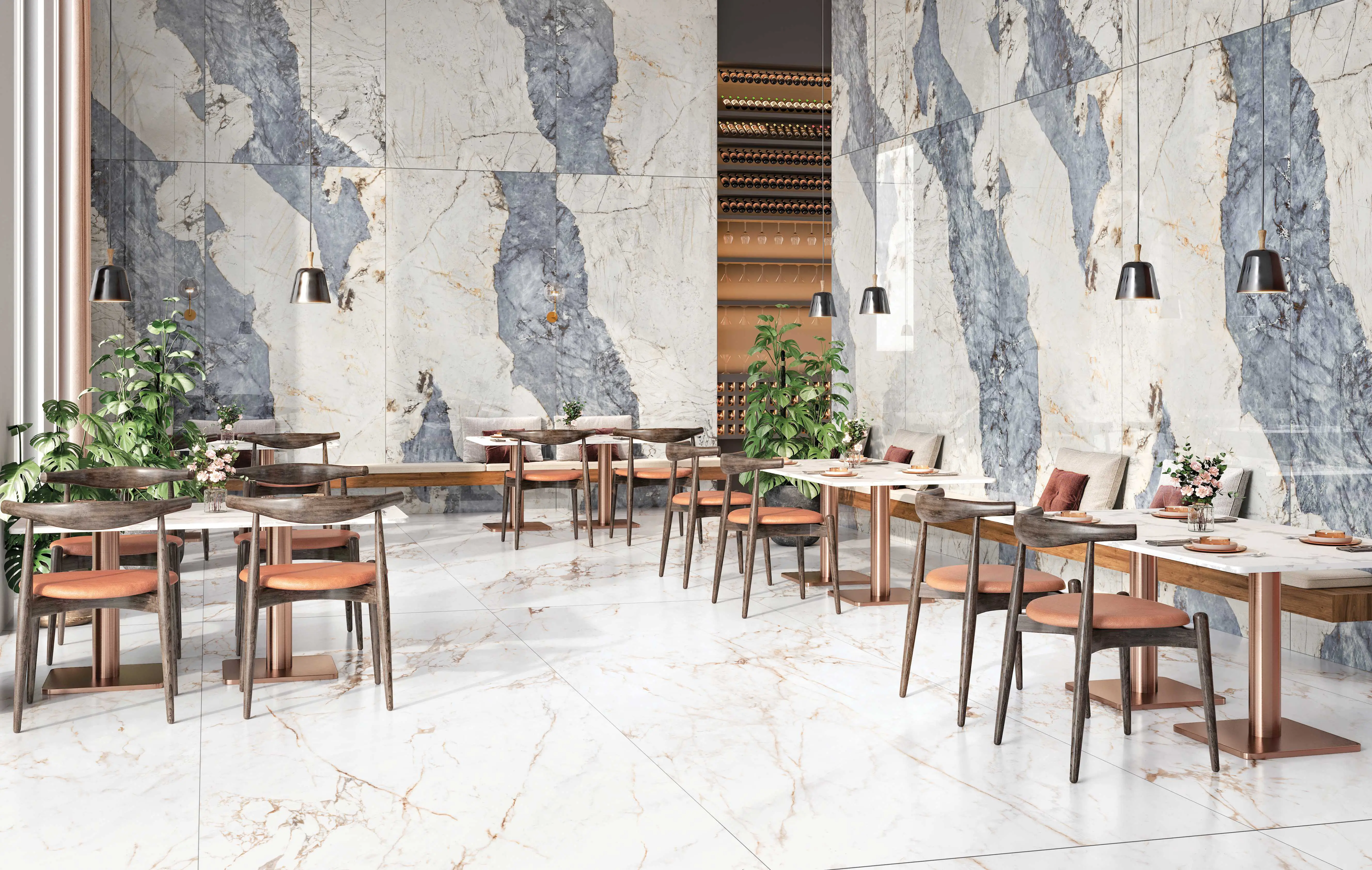 Restaurant Interior with White and Blue Marble-Effect Vitrified Tiles