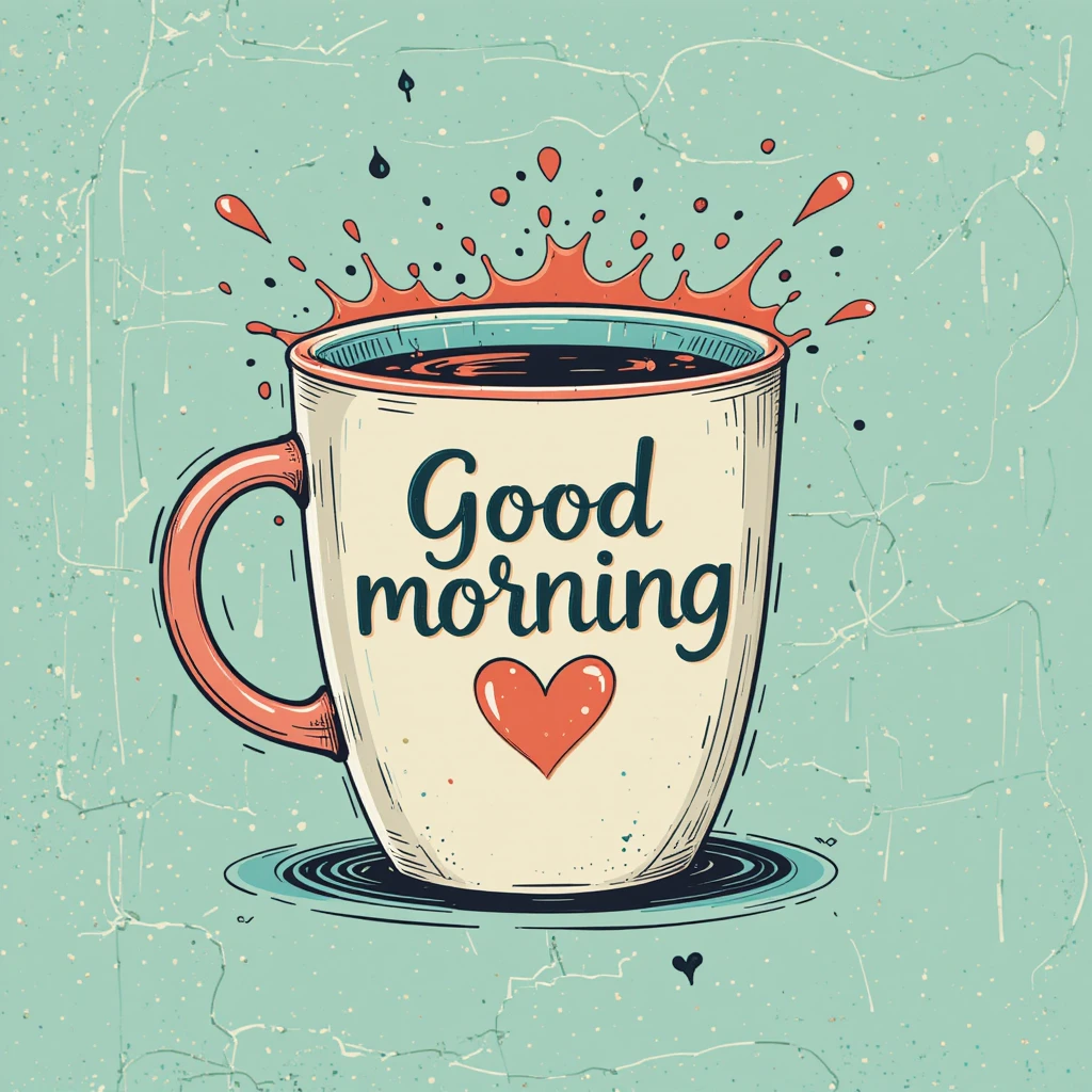 Retro Styled Coffee Mug Splashing with Good Morning Text and Heart Design
