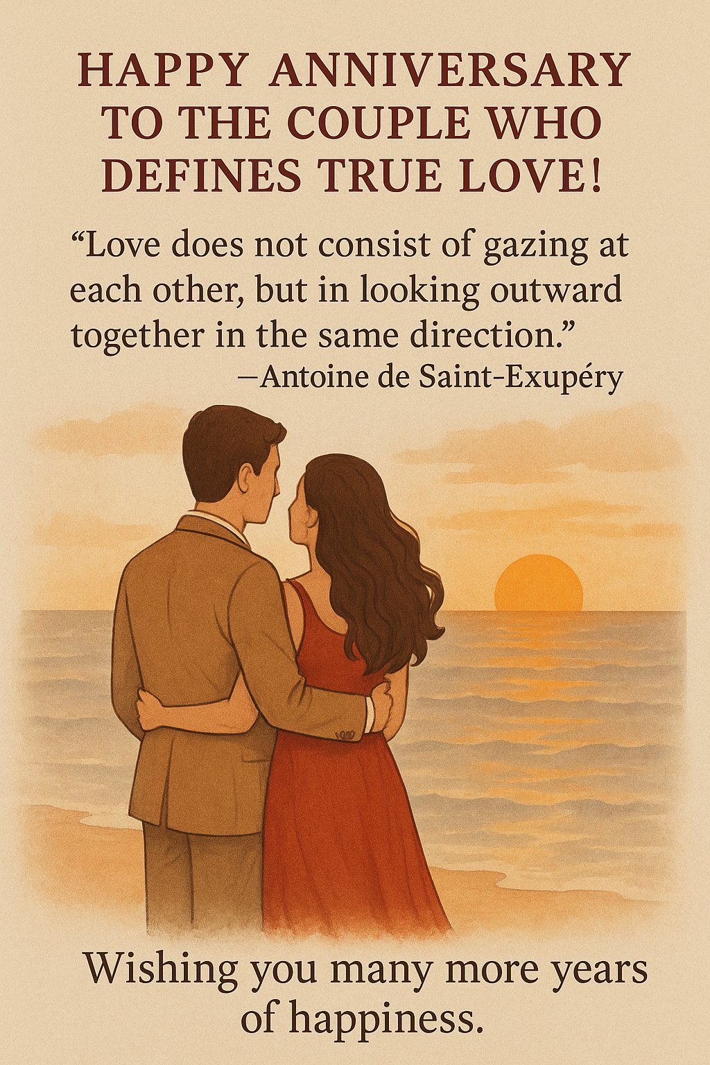 Romantic Anniversary Greeting Card With Loving Couple at Sunset