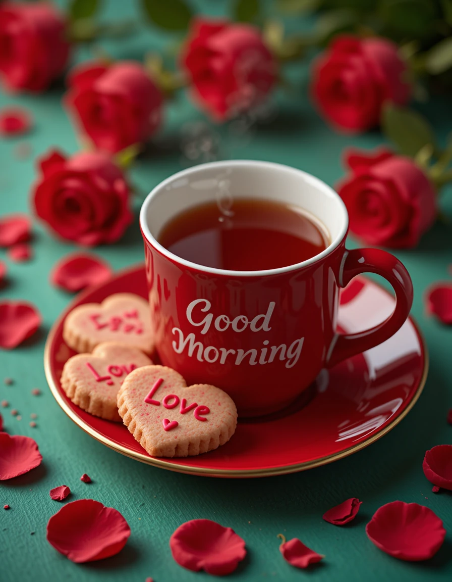 Romantic Breakfast Setting with Red Roses and a Morning Tea Cup