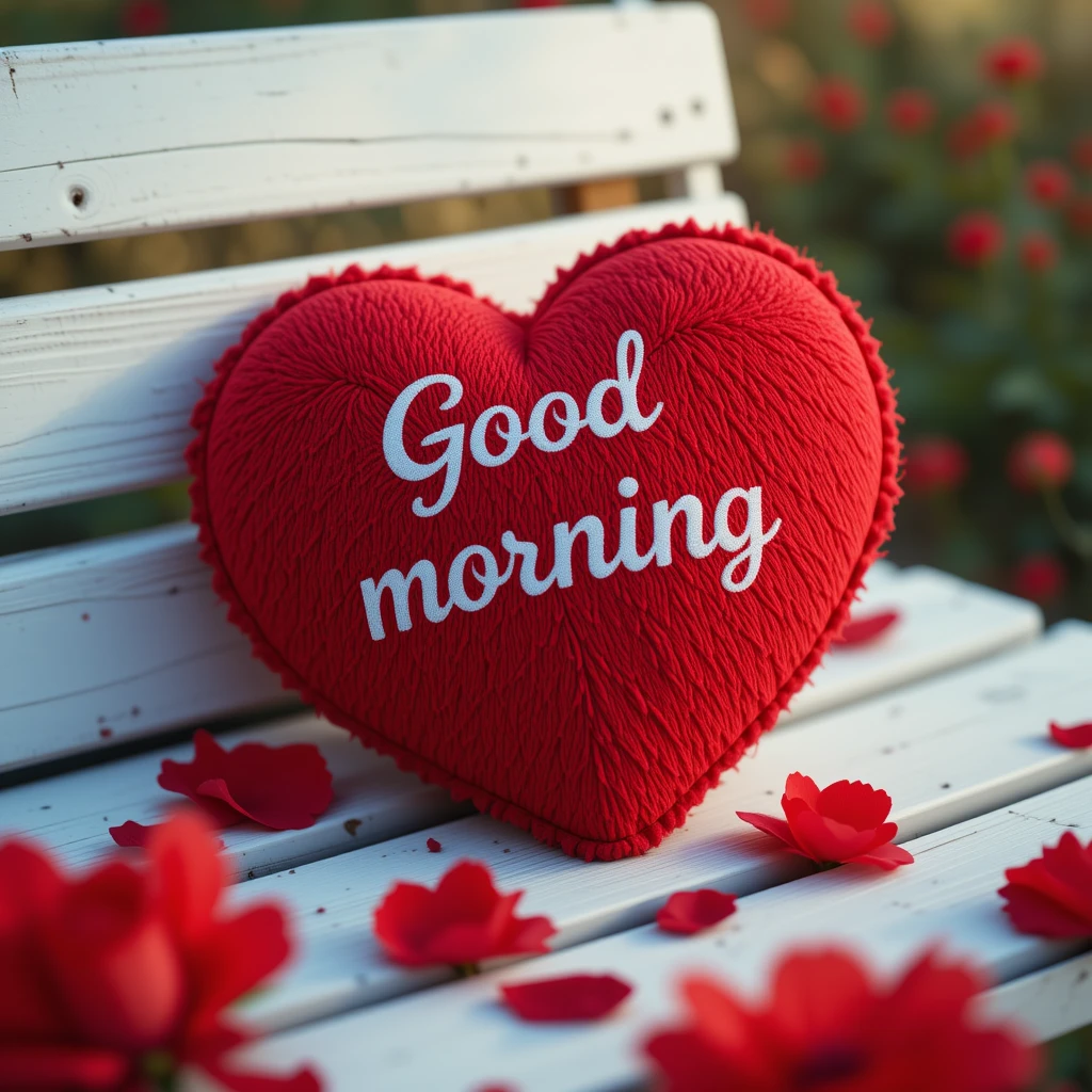 Romantic Red Heart Pillow on Bench with Morning Message and Petals