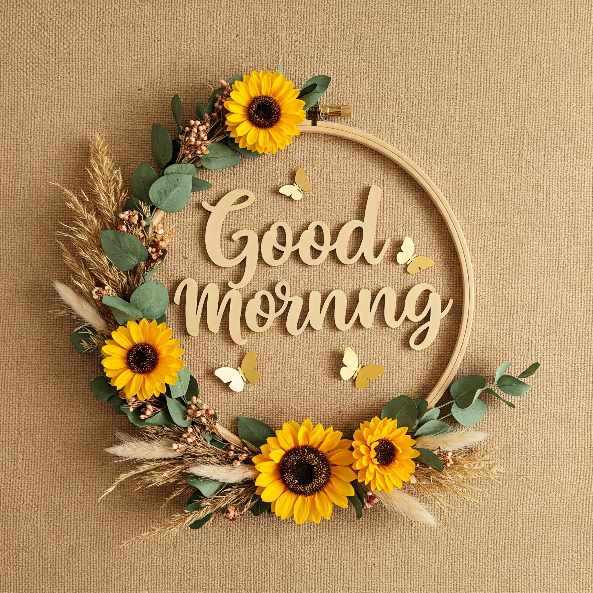 Rustic Embroidery Hoop Decor with Sunflowers and Good Morning Message