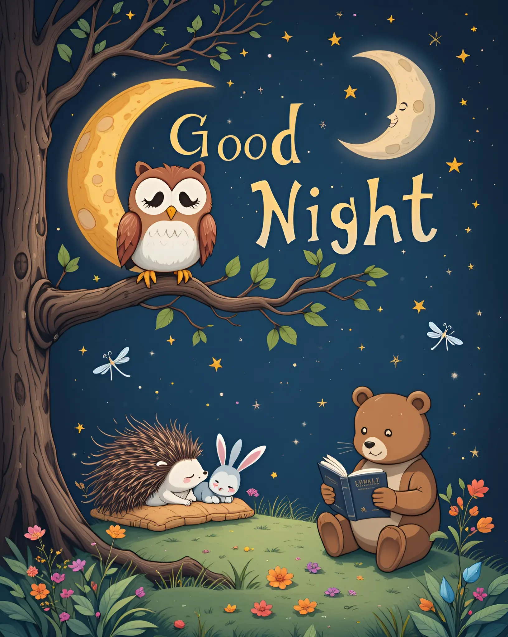 Cozy Bedtime Scene with Forest Animals Under a Night Sky