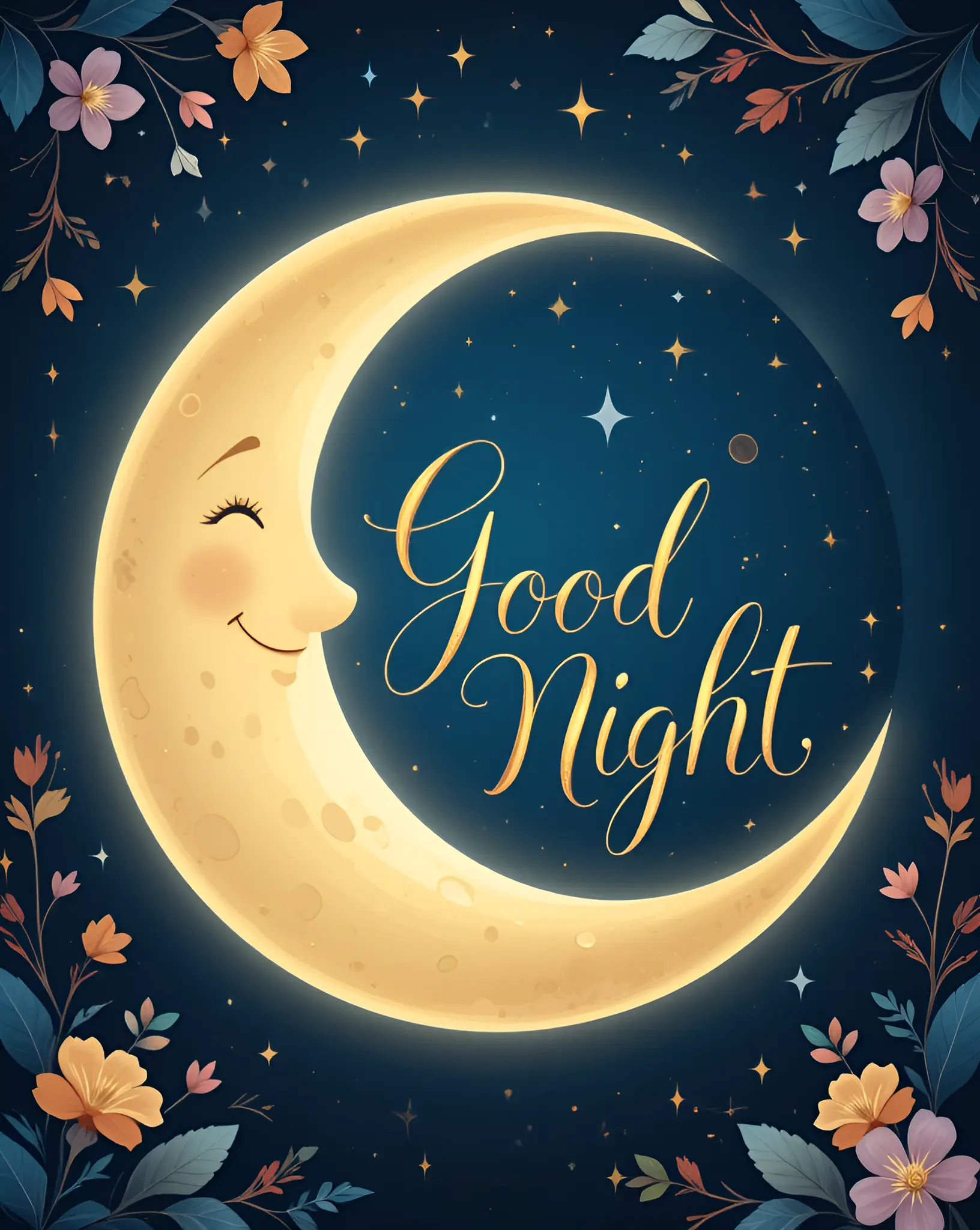 Whimsical Illustration of a Crescent Moon With Good Night Greeting