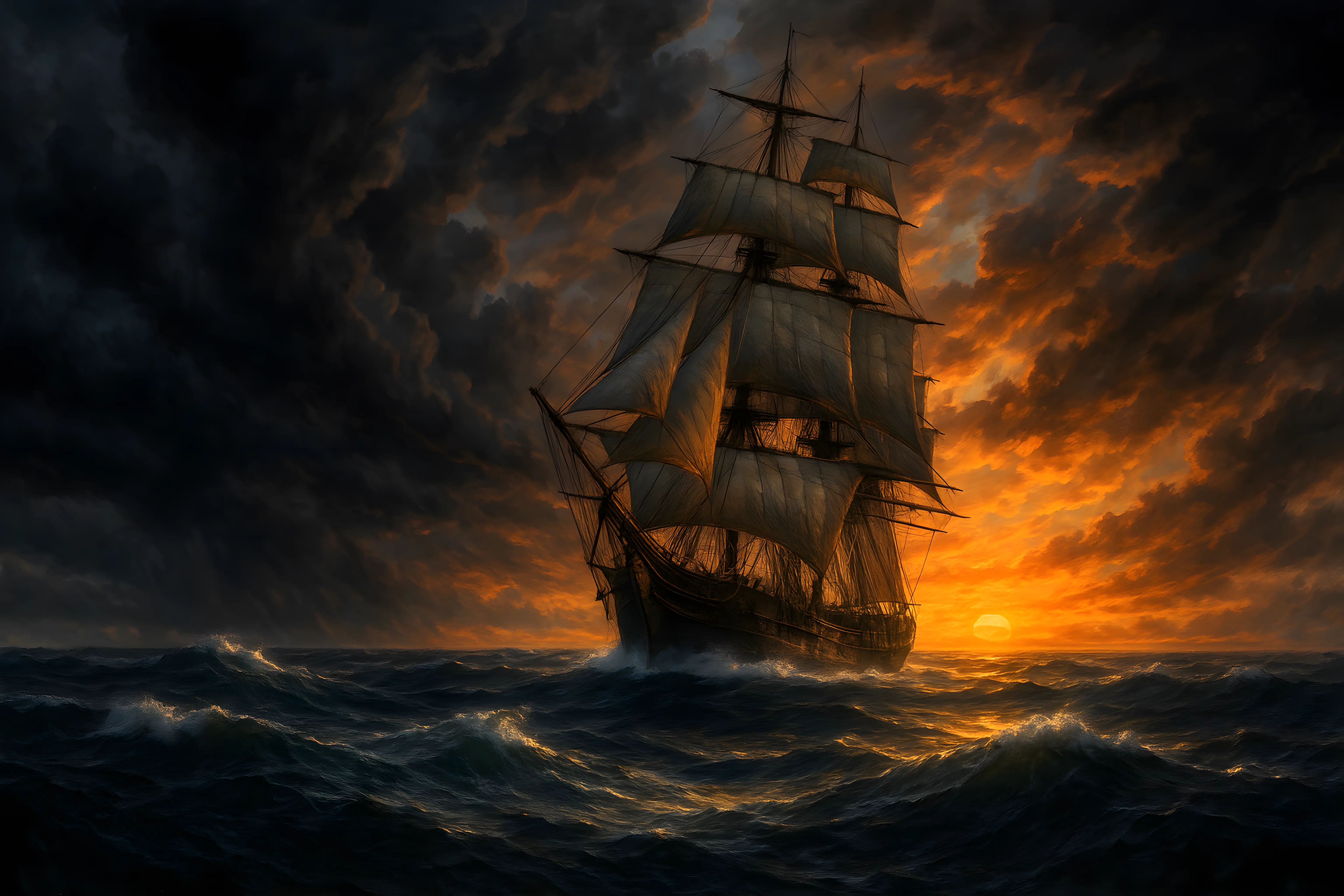Sailing Ship Amidst Dramatic Ocean Sunset and Stormy Skies