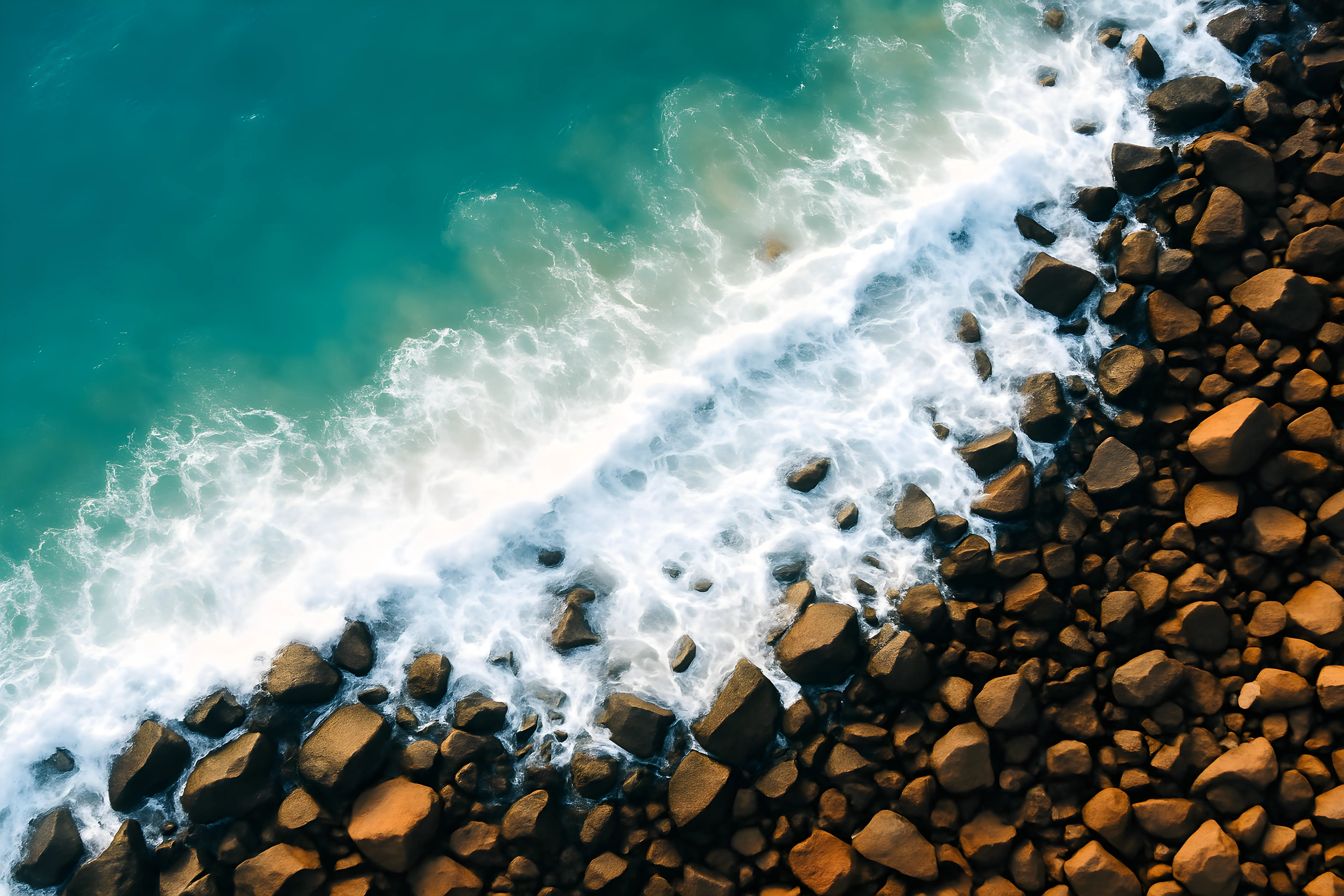Scenic Aerial View of Ocean Waves Crashing on Rocky Shoreline