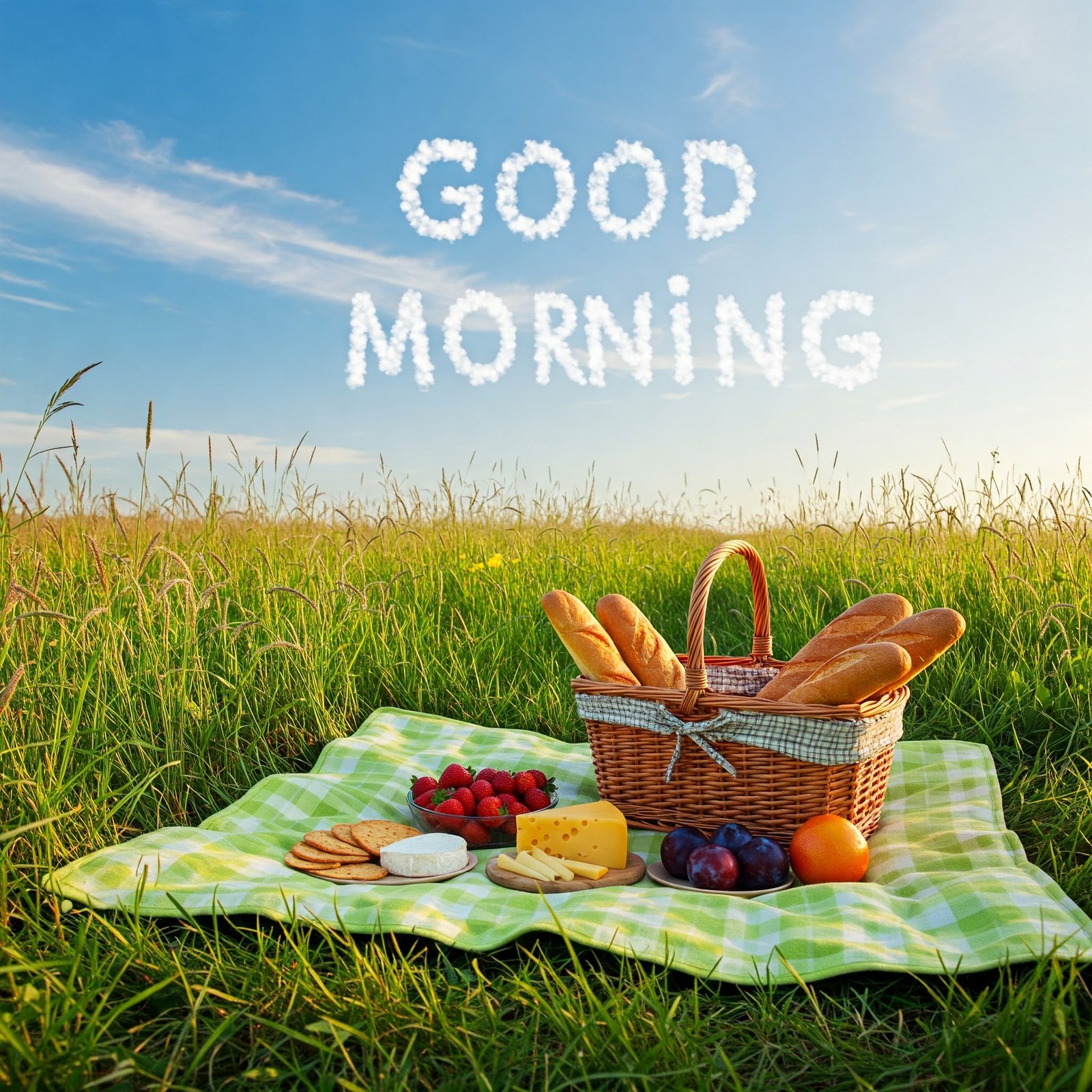 Scenic Morning Picnic with Food Basket on Checkered Blanket in Open Grass Field