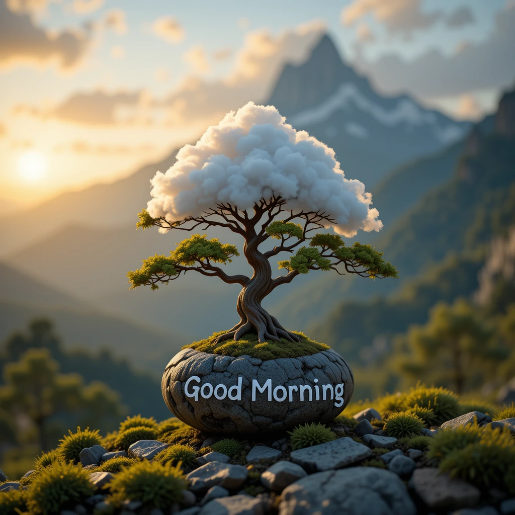 Serene Bonsai Tree with Cloud Canopy in Mountainous Morning Landscape