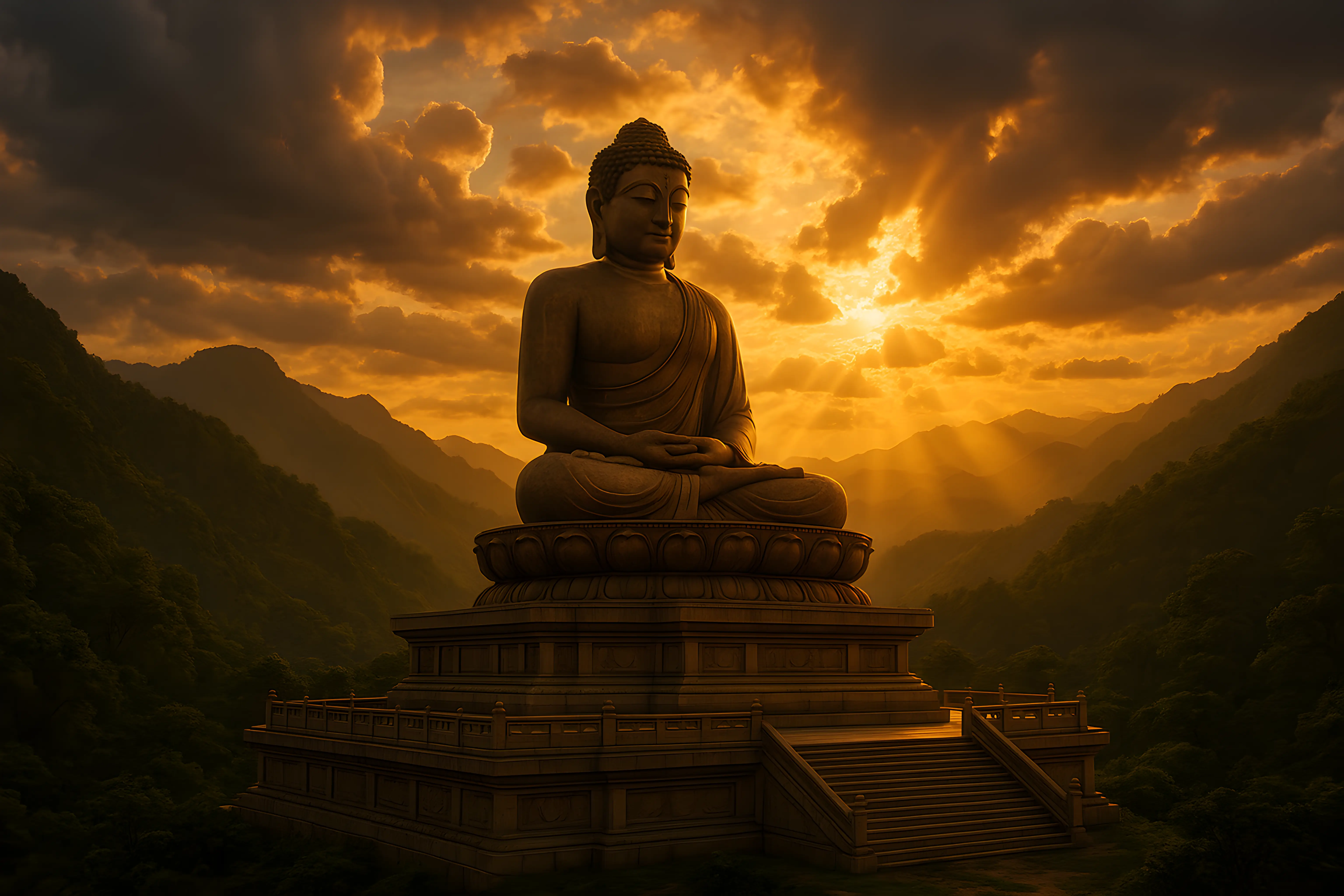 Serene Buddha Statue at Sunset Amidst Majestic Mountain Landscape