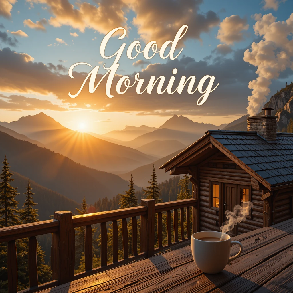 Serene Mountain Morning With Cabin, Coffee, and Sunrise Glow