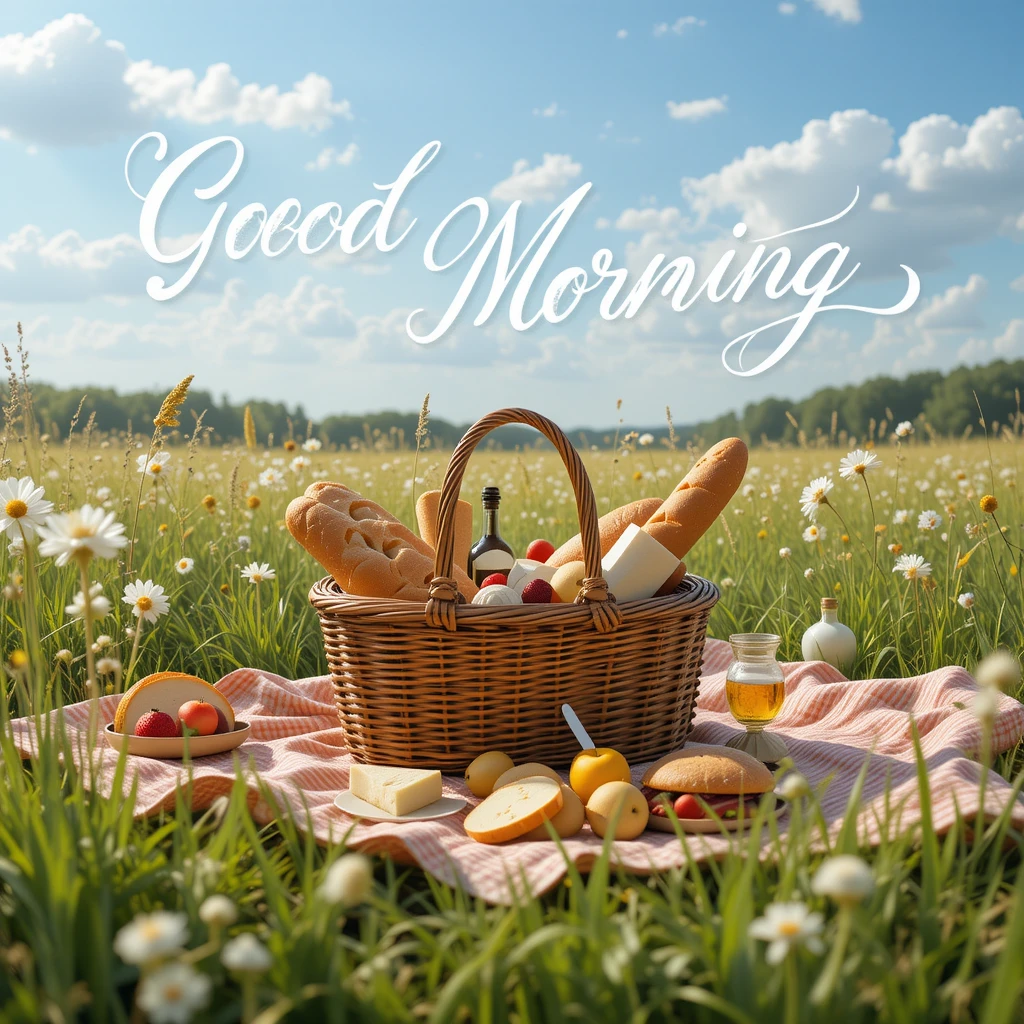 Serene Picnic Morning in a Meadow with Fresh Bread and Cheese
