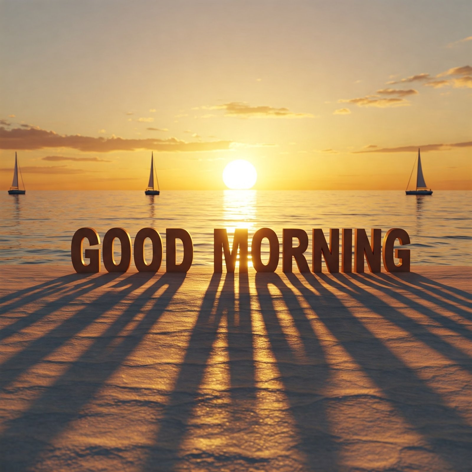 Serene Sunrise on the Beach with 'Good Morning' Text Foreground