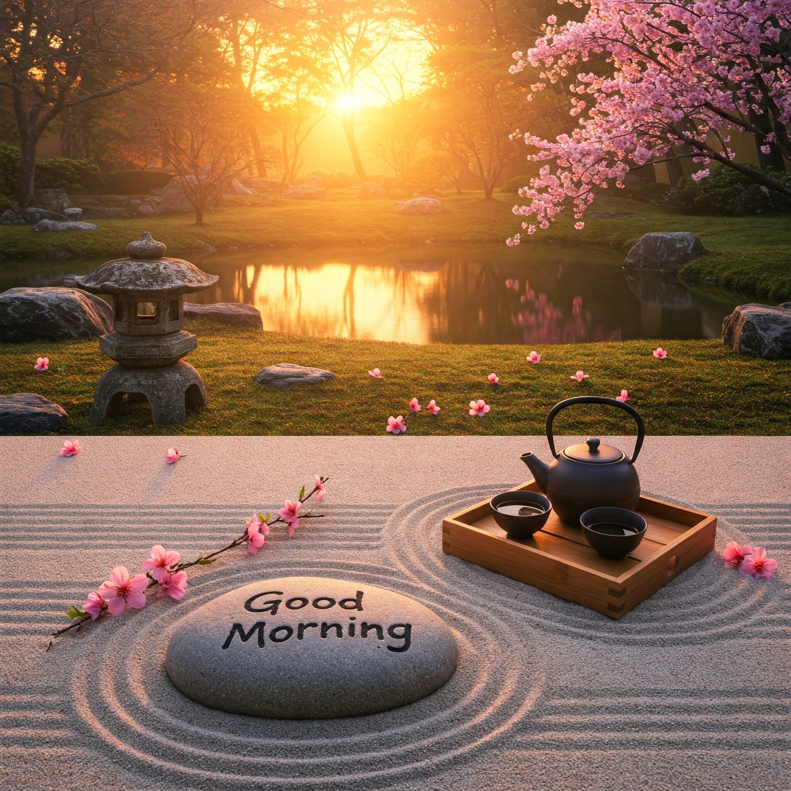 Serene Zen Garden with Cherry Blossoms During Sunrise