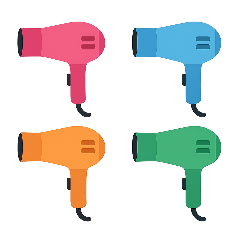 Set of Four Colorful Hair Dryers Transparent Background