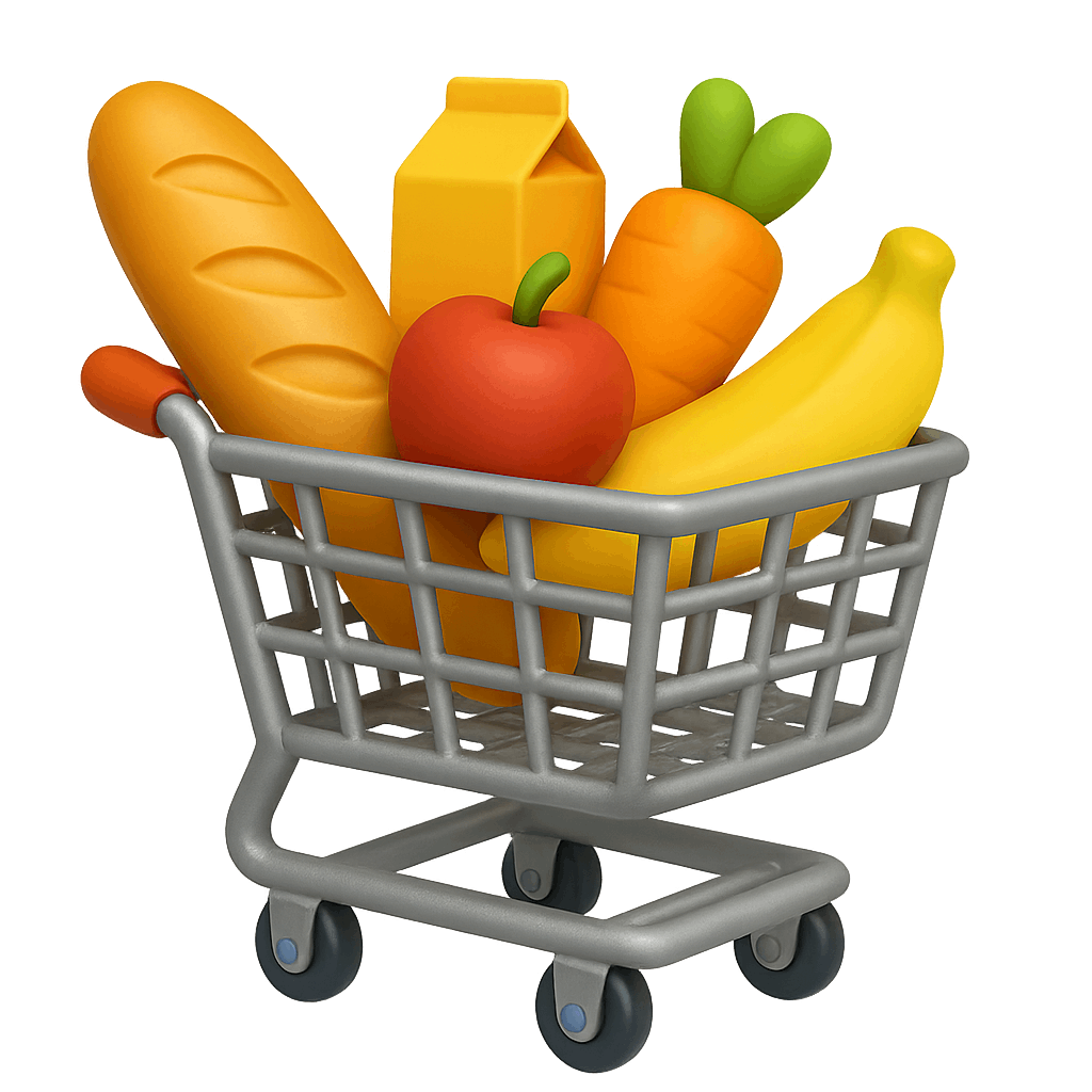 Shopping Cart Filled With Produce and Groceries on Transparent Background