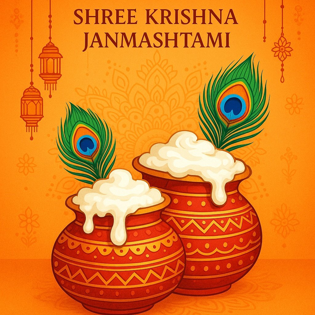 Shree Krishna Janmashtami Celebration with Pots of Cream and Peacock Feathers