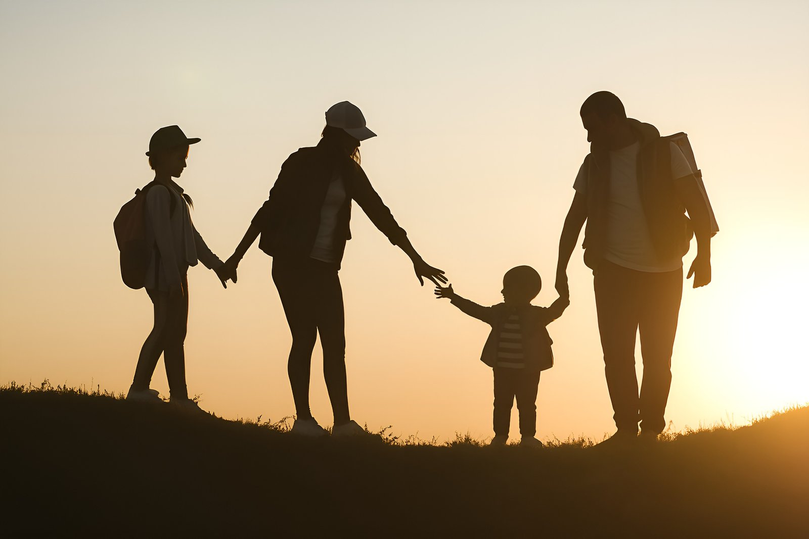 Silhouette of Family Hiking in Nature During Sunset with Children