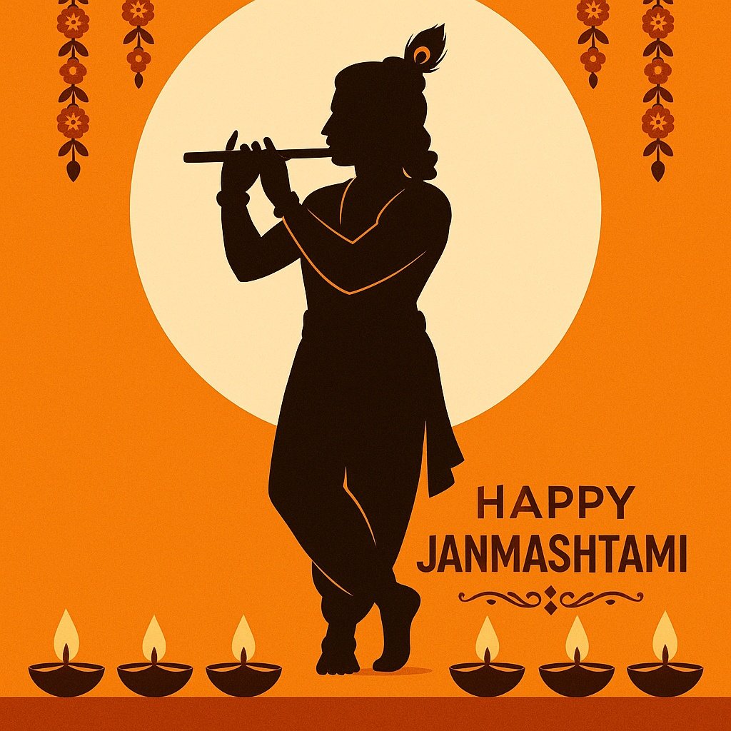 Silhouette of Flute-Playing Figure Celebrating Janmashtami on Festive Background