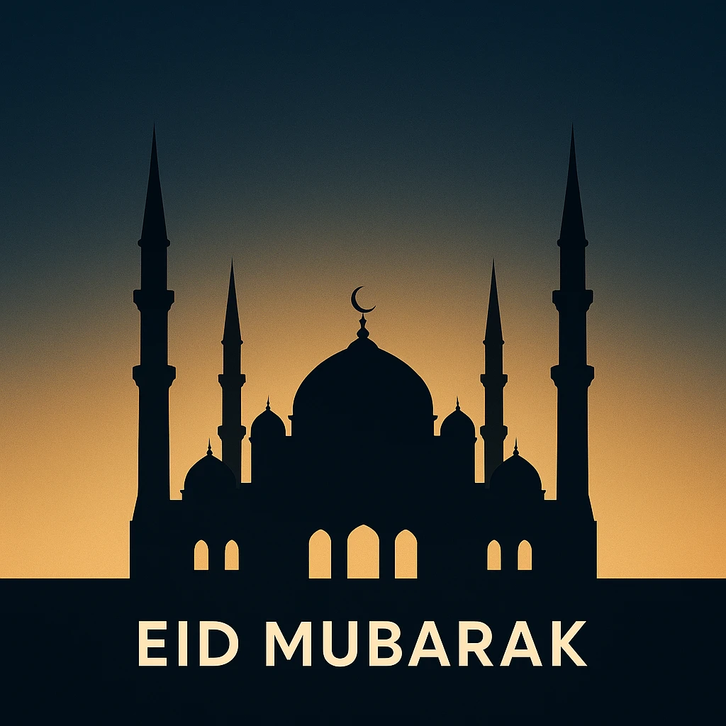 Silhouette of Mosque with Eid Mubarak Text and Crescent Moon at Sunset