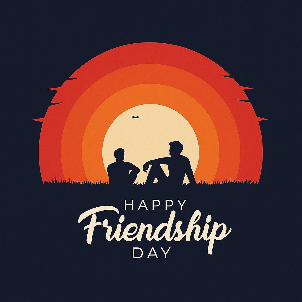 Silhouette of Two Friends Relaxing Under a Sunset with Friendship Day Text