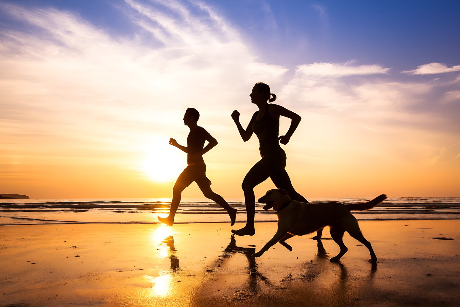 Silhouetted Couple Running with Dog Along a Scenic Beach at Sunset