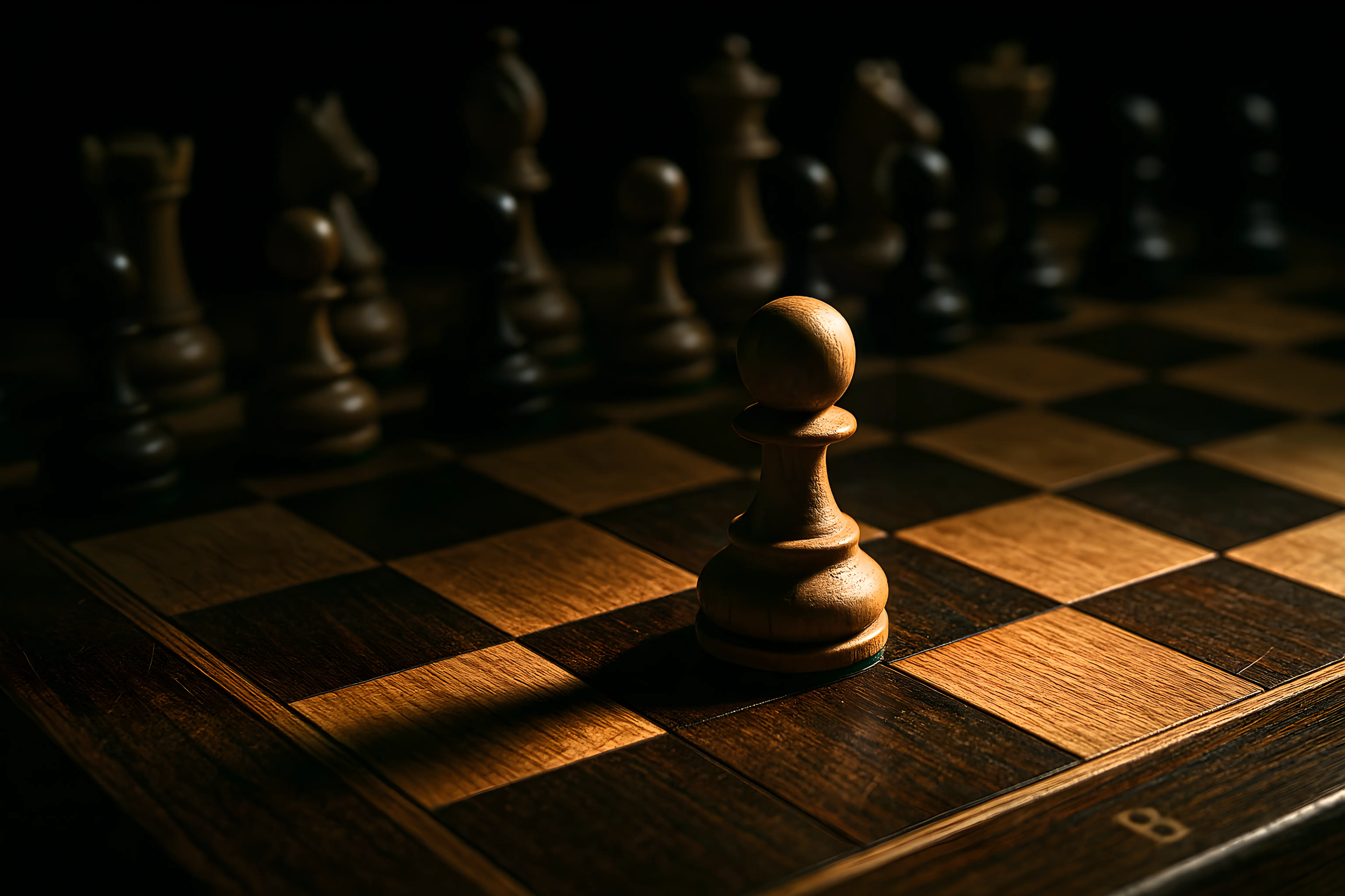 Single Chess Pawn on Wooden Board Under Dramatic Lighting